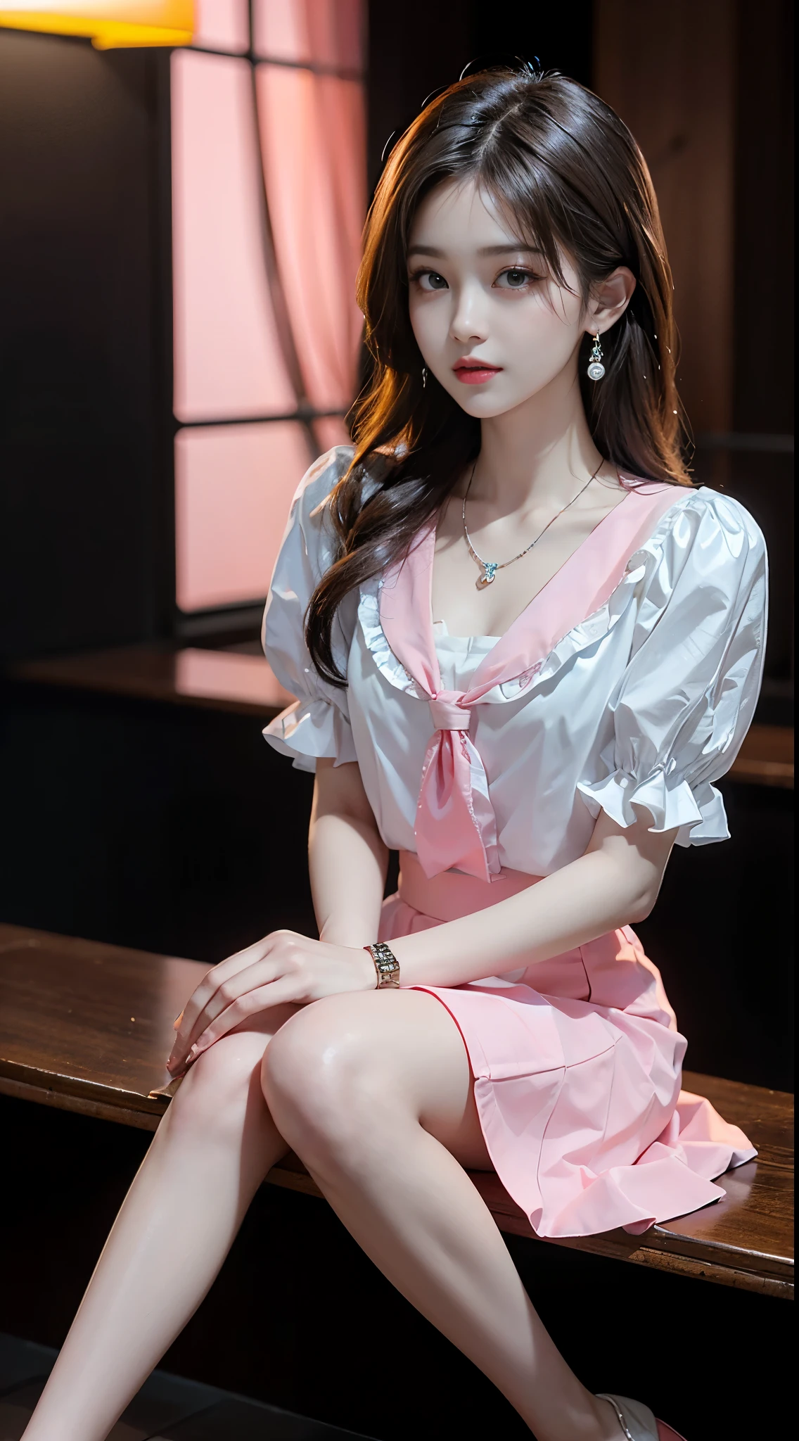 pleated skirt,pink skirt,pink sailor collar, ((full body)), ((Shot from a random perspective)), ((sitting position)), ((in the classroom, Sit at the lectern)), (yushuxin,1girl,solo), clear face, pretty face, 8k, masterpiece, original photo, best quality, detail:1.2,lifelike, detail, Very detailed, CG, unified, wallpapers, depth of field, movie light, lens flare, Ray tracing, (extremely beautiful face, beautiful lips, beautiful eyes), intricate, detail的脸, ((ultra detailed skin)), 1 girl, in the darkness, deep shadow, beautiful korean girl, kpop idol,(Very slim figure:1.3), A plump chest, Large breasts, Slender sexy legs, Very nice legs, elegant posture, (bright smile), (City night, (neon lights), (night), beautiful korean girl, white diamond earrings, Diameter bracelet, Dia necklace, clear eyes, (big eyes)