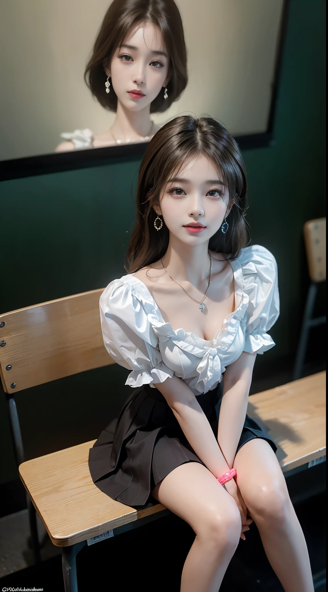 pleated skirt,pink skirt,pink sailor collar, ((full body)), ((Shot from a random perspective)), ((sitting position)), ((in the classroom, Sit at the lectern)), (yushuxin,1girl,solo), clear face, pretty face, 8k, masterpiece, original photo, best quality, detail:1.2,lifelike, detail, Very detailed, CG, unified, wallpapers, depth of field, movie light, lens flare, Ray tracing, (extremely beautiful face, beautiful lips, beautiful eyes), intricate, detail的脸, ((ultra detailed skin)), 1 girl, in the darkness, deep shadow, beautiful korean girl, kpop idol,(Very slim figure:1.3), A plump chest, Large breasts, Slender sexy legs, Very nice legs, elegant posture, (bright smile), (City night, (neon lights), (night), beautiful korean girl, white diamond earrings, Diameter bracelet, Dia necklace, clear eyes, (big eyes)