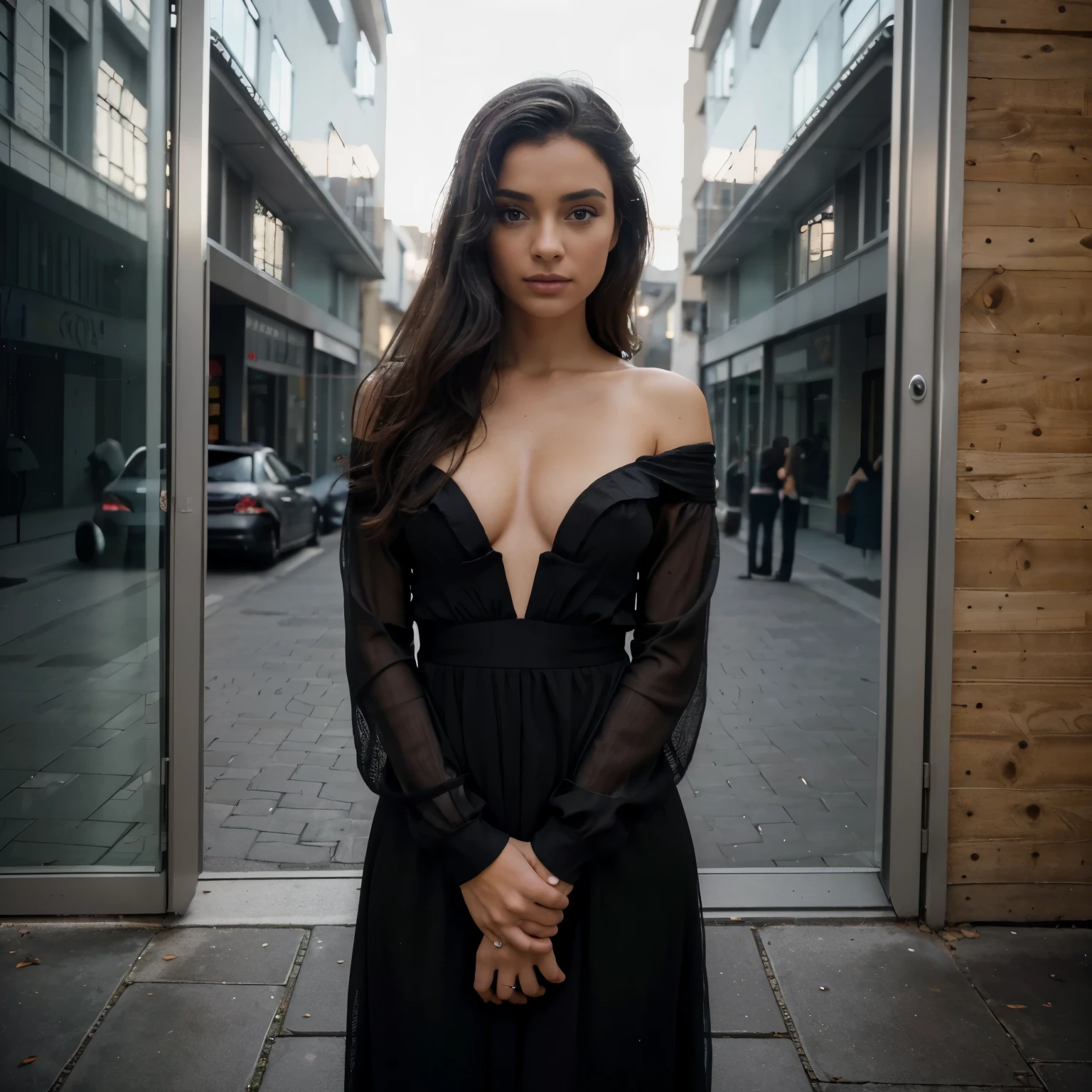 Aridugarte vêtue d’une robe noire, debout, photo de tout le corps, Regarder la visionneuse, dans une rue, détails complexes, (vibrant, photo réaliste, réaliste, Netteté) ((grain de film, Détails de la peau, texture de peau très détaillée, 8k hdr, reflex numérique)), 8k euh
