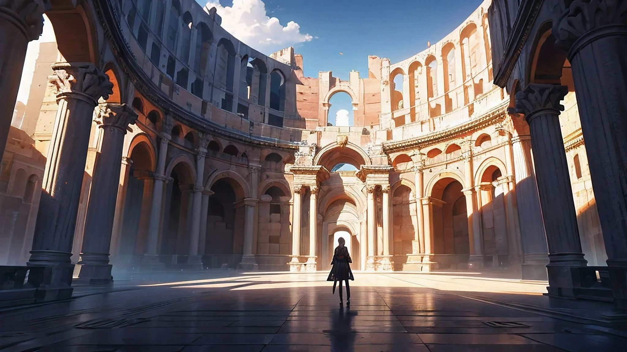 fantasy theme, a far view of a very massive-colossal and tall greek style colosseum-shaped hall of resurrection with magic runes painted on the wall and floor, symmetrical, colorful, fantasy structure, hyper realistic, digital art, fantasy art, masterpiece, best quality