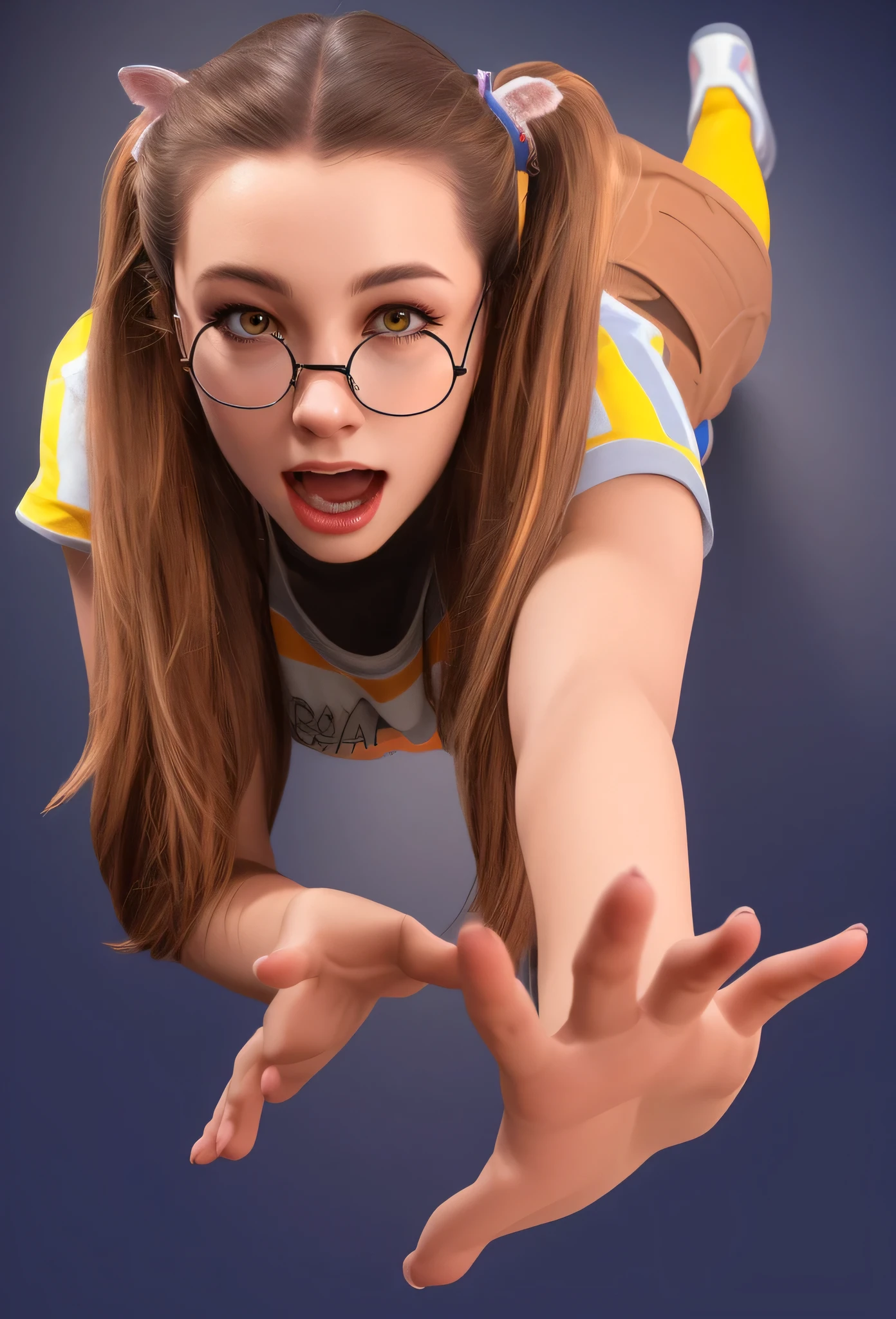 ultra Realistic a girl with long brown ponytails, in a bright shirt and glasses, Holds out his hands. She has a scared look on her face, Perfect, smooth skin. with long brown hair and glasses. GLOSSY TEXTURE, smooth 3d model, Multiple light sources, rim light, sharp rendering of post-effects, (Glossy metal texture with many large refractions of light probes), perfect CG, Anthropomorphic cat, Digital art, detailed Digital art, specular, Best quality, 4K, masterpiece:1.2, ultra detailed, Realistic, bright colors, dark and moody lighting, highest quality image, ensuring every detail is showcased perfectly. It in 4K resolution, allowing viewers to be immersed in the richness of colors and intricate details. The Realistic rendering. in the spotlight, specular, High-resolution image, Realistic rendering, dark background, and rim light