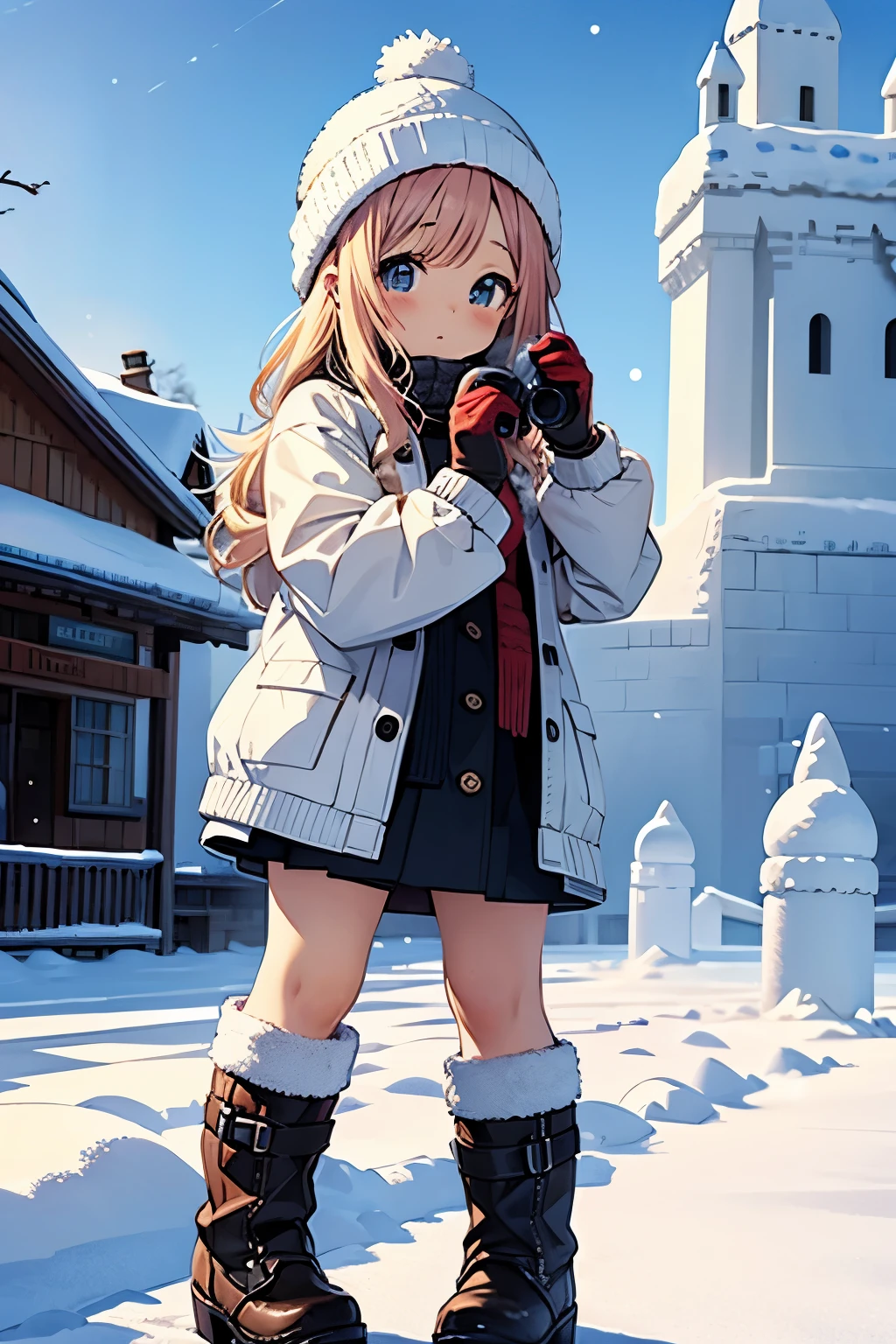 Chibi girl taking a commemorative photo with a large snow castle in the background at the snow festival venue、knit hat、Cute boots、woolen gloves、cute pose