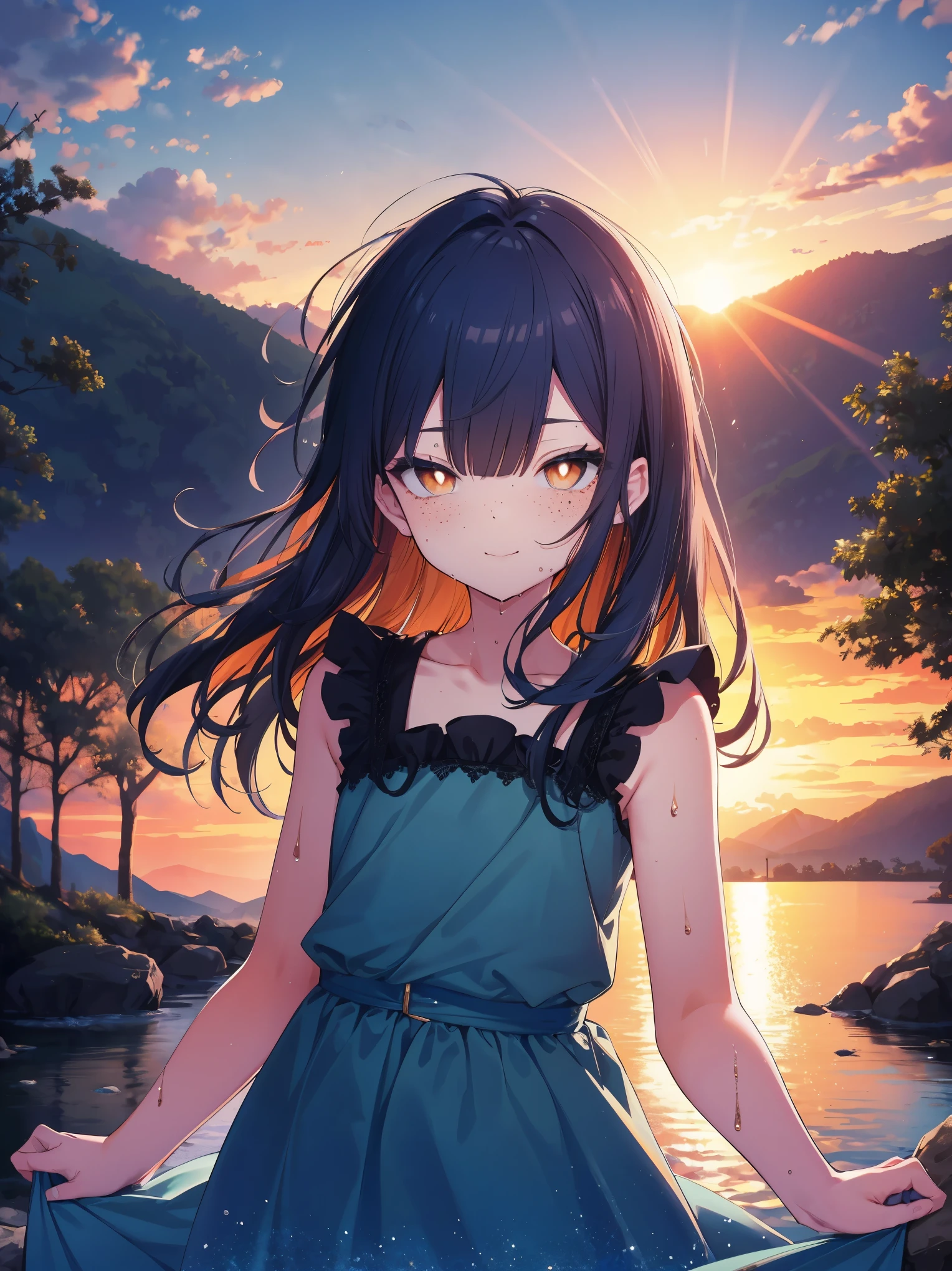 (cowboy shot), (best quality, ultra-high resolution, depth of field:1.2), beautiful face, (freckles), 1male, (adult:1.2), mature, (femboy), feminine, (flat chest), (dark blue hair), long hair, (orange eyes), bright pupils, (wearing a blue summer dress), frills, river scenery, wet, sunset, (winking:1.2), gentle smile, slightly bending forward, facing to the camera