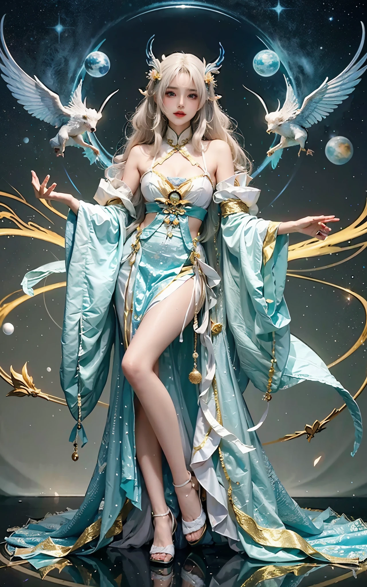 Close-up of a woman in costume on stage, full body xianxia, Beautiful celestial mage, Stunning young and ethereal figure, beautiful fantasy queen, sha xi, xianxia fantasy, Belle Defin, ethereal fantasy, Elegant and charming cosplay, heise jinyao