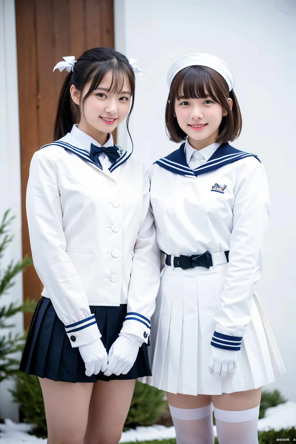 2 girls standing in snowy school yard,long-sleeved white shirt with white sailor collar,white bow tie,white pleated skirt,white leggings,white gloves,18-year-old,bangs,a little smile,thighs,knees,short cut hair,low ponytail,from below,front-lighting