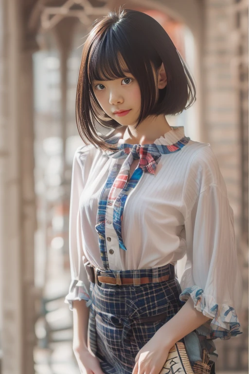 (arms behind back) , masterpiece , top quality , very detailed , 1 person, ((contrasting eyes)) , standing , blouse, skirt , bangs , room , indoor