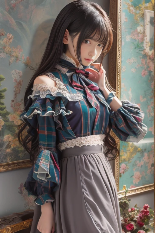 (手は後ろで組む) , masterpiece , top quality , very detailed , 1 person, (contrasting eyes) , standing , blouse, skirt , bangs , room , indoor