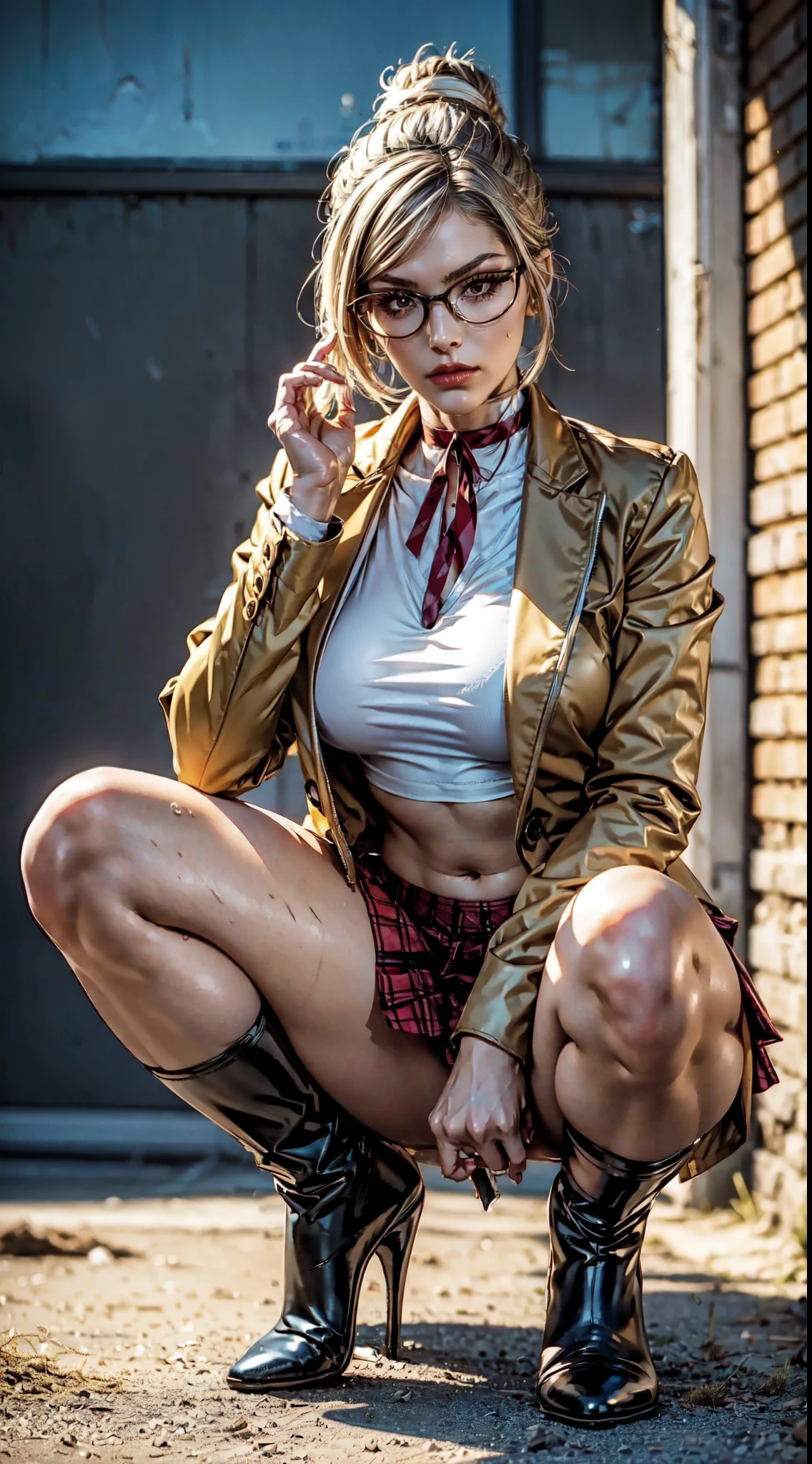 realistic , 1girl as shiraki meiko,hair bun, glasses,school uniform, black thighhighs, plaid skirt, knee boots, ribbon choker, brown jacket black bodysuit, sweat droplet over body, unzipped,striped, midriff, detailed eyes, detailed face, detailed skin,mature body, tall body,seductive body,medium big breast, wearing mini skirt dress, touching the floor squatting, with the gaze fixed on the viewer, sweat drops,