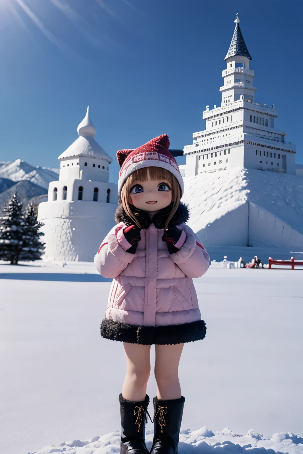Chibi girl taking a commemorative photo with a large snow castle in the background at the snow festival venue、knit hat、Cute boots、woolen gloves、smile、cute pose