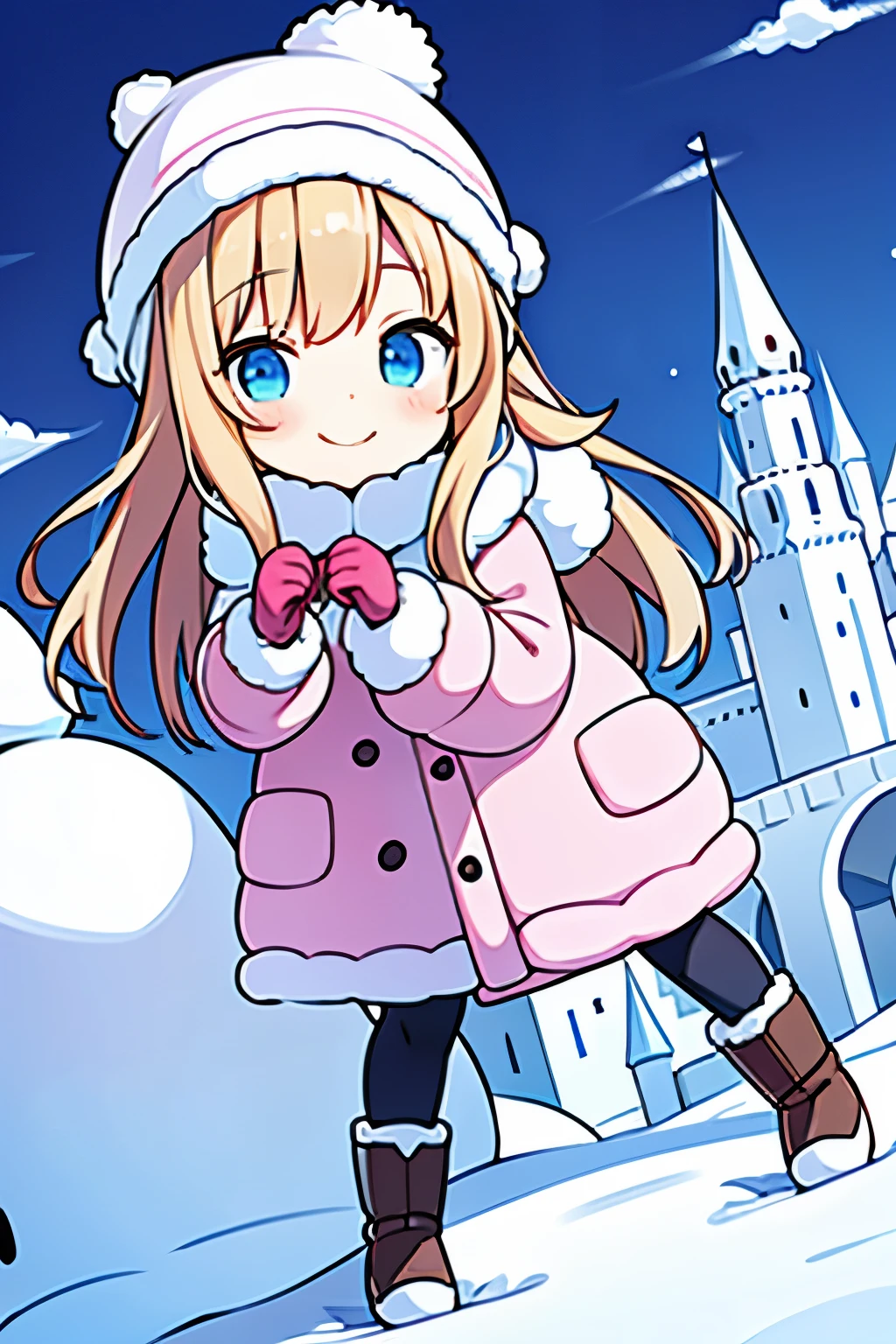 Chibi girl taking a commemorative photo with a large snow castle in the background at the snow festival venue、knit hat、Cute boots、woolen gloves、smile、cute pose