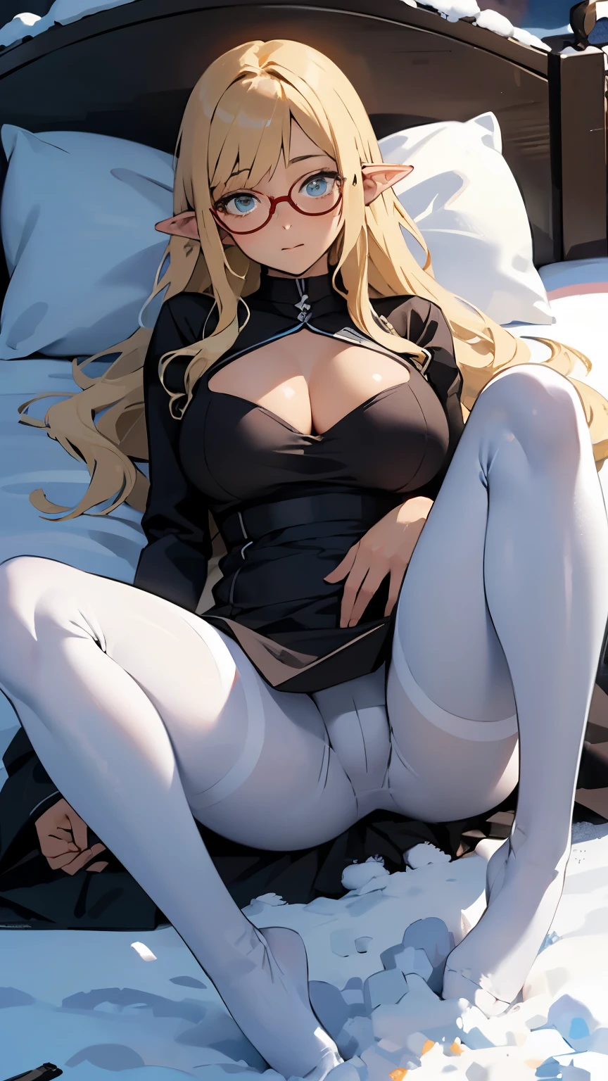 glow,masterpiece, beautiful, 4K, best quality, oil painting style,big breasts, blonde,round frame glasses,pointed ears, white pantyhose,ski,snow mountain,Lying in bed,Lying in the snow,no shoes