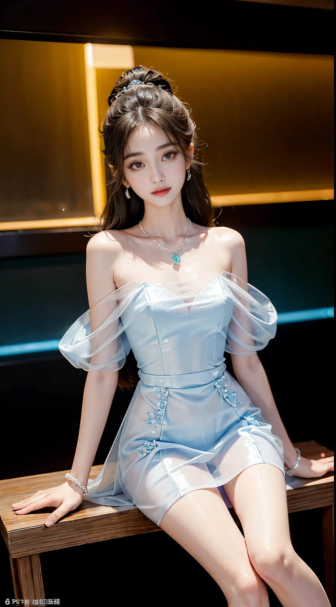 Sweet girl clothes8,(gem:1.3), ((full body)), ((Shot from a random perspective)), ((sitting position)), ((in the classroom, Sit at the lectern)), (yushuxin,1girl,solo), clear face, pretty face, 8k, masterpiece, original photo, best quality, detail:1.2,lifelike, detail, Very detailed, CG, unified, wallpapers, depth of field, movie light, lens flare, Ray tracing, (extremely beautiful face, beautiful lips, beautiful eyes), intricate, detail的脸, ((ultra detailed skin)), 1 girl, in the darkness, deep shadow, beautiful korean girl, kpop idol,(Very slim figure:1.3), A plump chest, Large breasts, Slender sexy legs, Very nice legs, elegant posture, (bright smile), (City night, (neon lights), (night), beautiful korean girl, white diamond earrings, Diameter bracelet, Dia necklace, clear eyes, (big eyes)