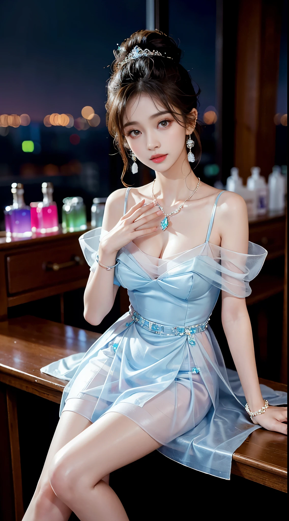 Sweet girl clothes8,(gem:1.3), ((full body)), ((Shot from a random perspective)), ((sitting position)), ((in the classroom, Sit at the lectern)), (yushuxin,1girl,solo), clear face, pretty face, 8k, masterpiece, original photo, best quality, detail:1.2,lifelike, detail, Very detailed, CG, unified, wallpapers, depth of field, movie light, lens flare, Ray tracing, (extremely beautiful face, beautiful lips, beautiful eyes), intricate, detail的脸, ((ultra detailed skin)), 1 girl, in the darkness, deep shadow, beautiful korean girl, kpop idol,(Very slim figure:1.3), A plump chest, Large breasts, Slender sexy legs, Very nice legs, elegant posture, (bright smile), (City night, (neon lights), (night), beautiful korean girl, white diamond earrings, Diameter bracelet, Dia necklace, clear eyes, (big eyes)