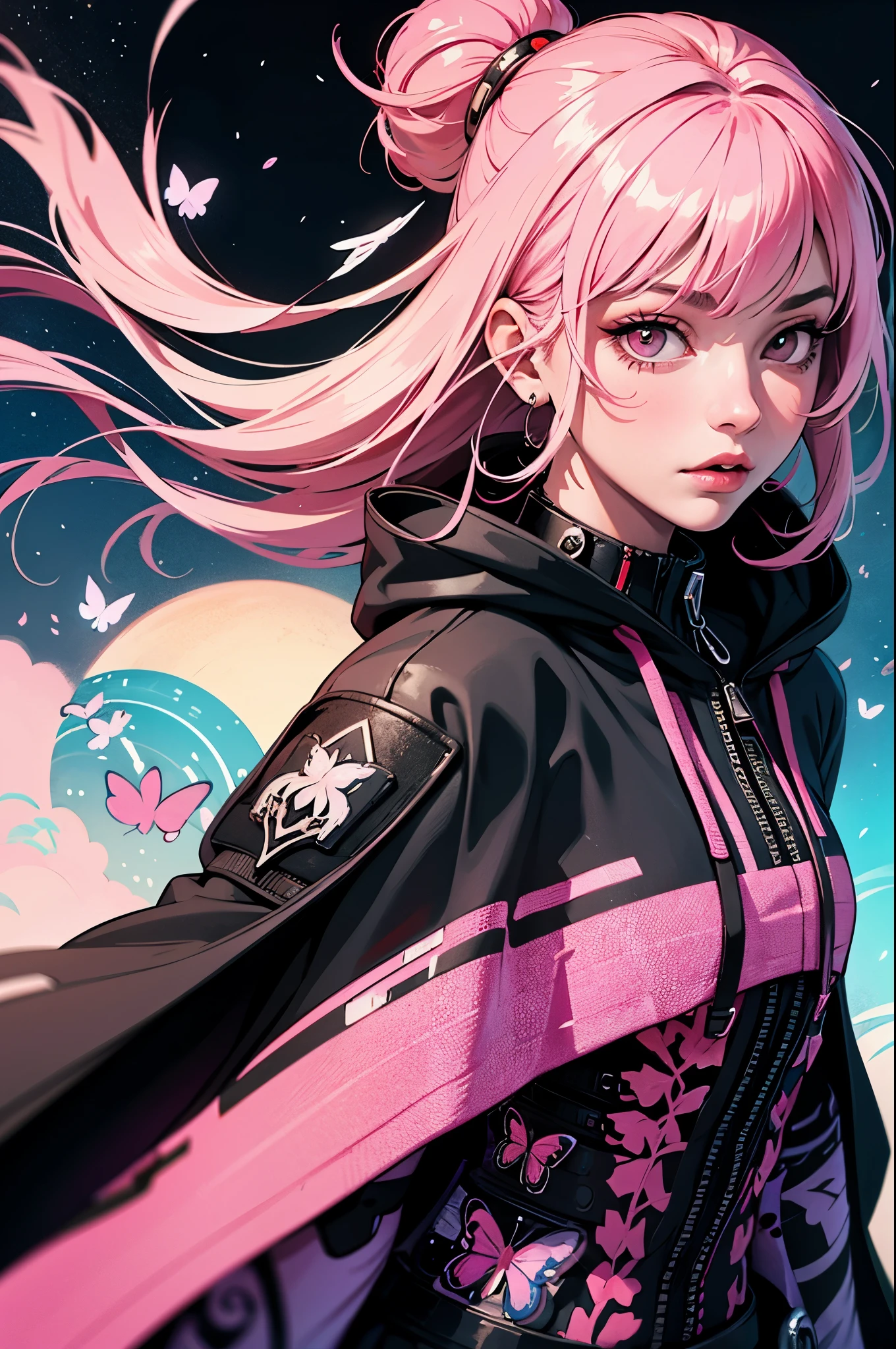 1girl,(pink_hair, cyberpunk, Harajuku-inspired hooded cyberpunk battle armor:1.1),(zentangle, mandala, tangle, entangle:0.6),(fractal, atmospheric, psychedelic, aesthetic,,cosmic, colorful, dreamlike art),the most beautiful form of chaos,brutalist designed, cherry blossoms and butterflies blowing in the wind