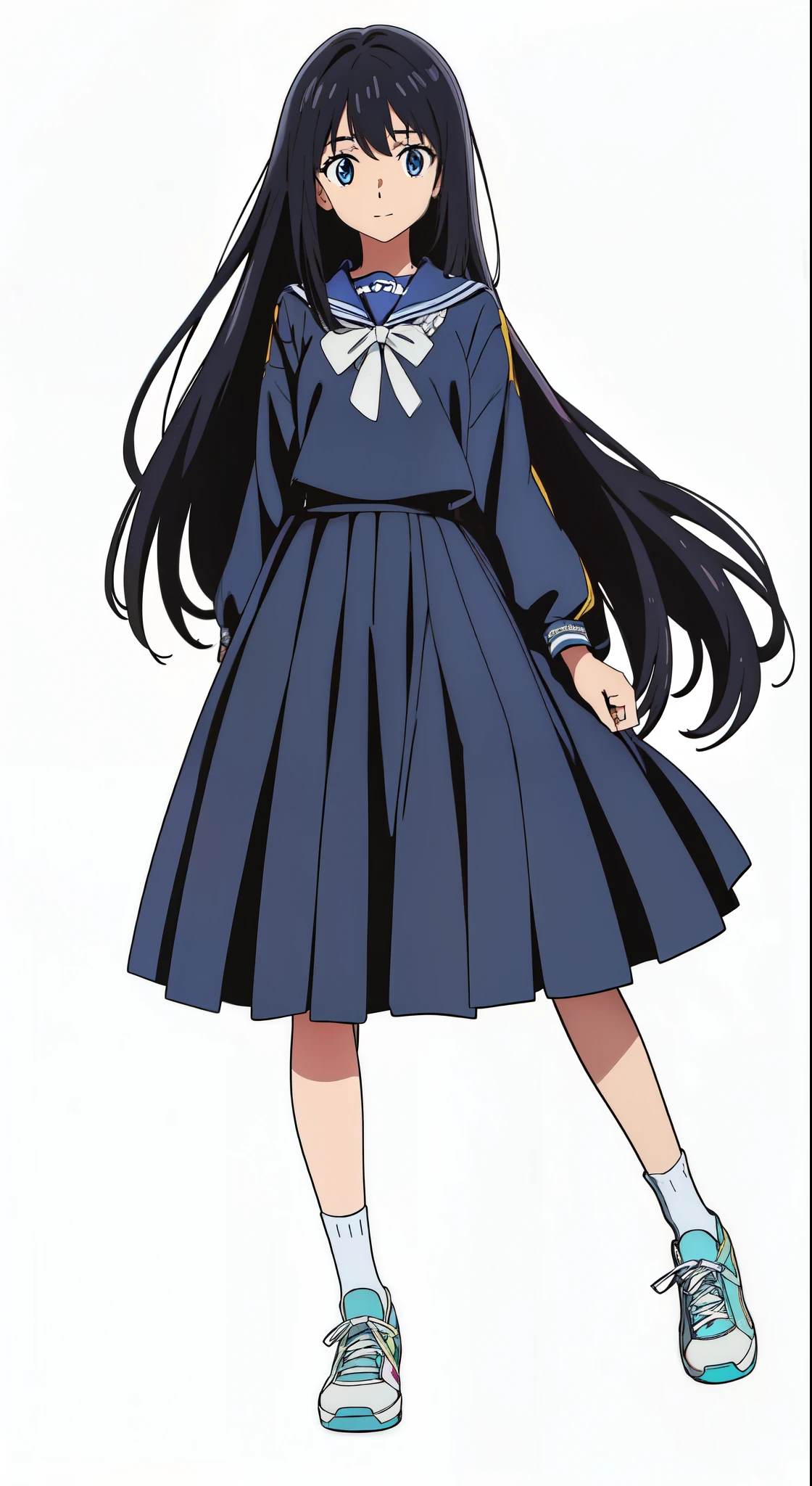 (best quality:2.0), (white background:1.0), (anime:2.0), (official art:2.0), (best quality:2.0), (masterpiece:1.0), (full body:1.0), (solo:1.0), (a 15yo cute girl:0.5), (long skirt:1.0), (dark blue skirt:1.0), (pleated skirt:1.0), (dark blue sailor uniform:1.0), (long sleeve sailor uniform:1.0), (sneakers:1.0), (white socks:1.0), (ideal ratio body proportions:1.0), (lanky:1.0), (tall:1.0), (slender:1.0), (small breasts:1.0), (smaller face:1.0), (tareme:1.5), (detailed beautiful eyes:1.5), (detailed beautiful face:1.5), (glowing black eyes:1.0), (medium hair:1.0), (black hair:1.0), (standing:1.0), (looking at viewer:1.0)