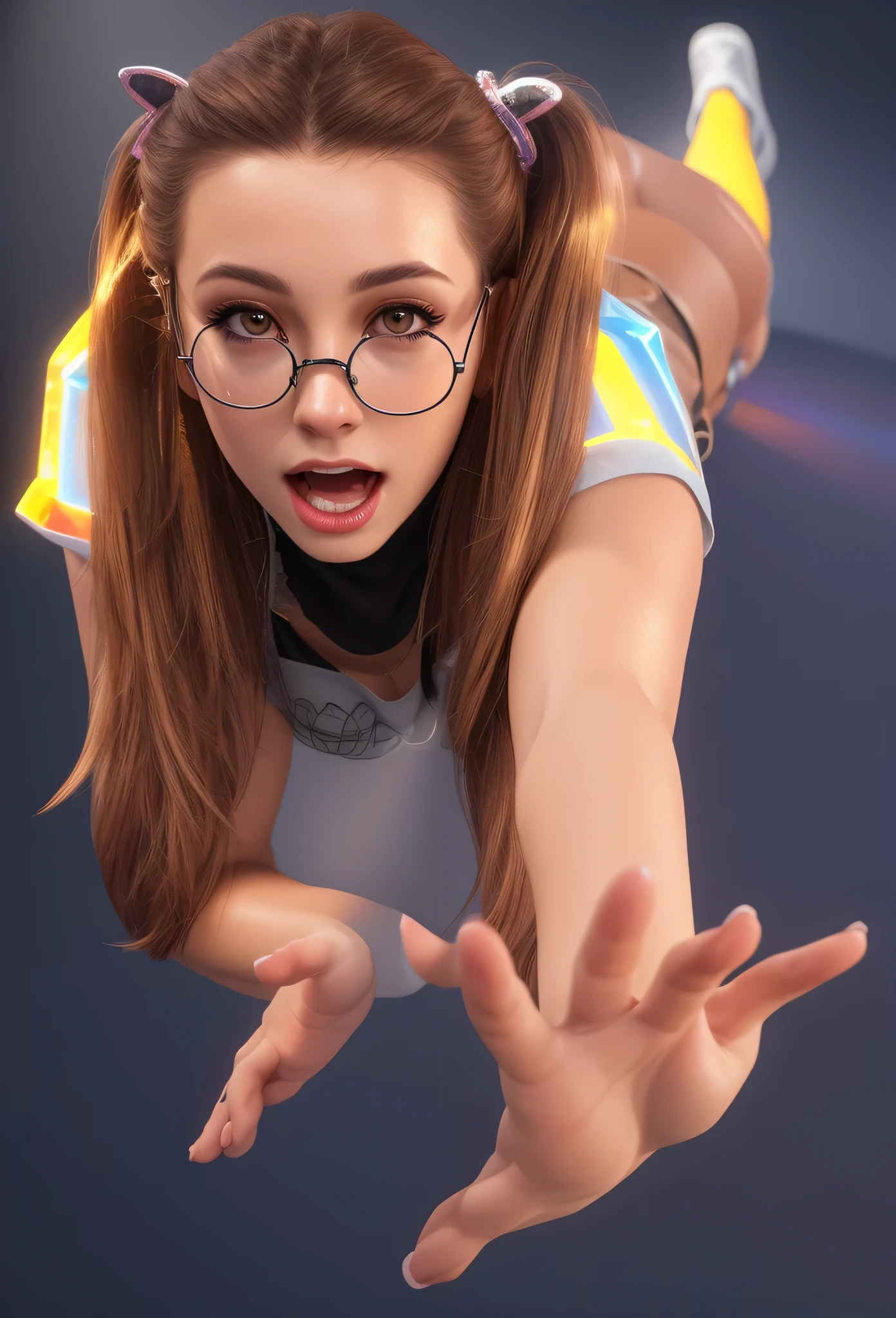 ultra Realistic hyper Realistic body skin texture ultra Realistic a girl with long brown ponytails, in a bright shirt and glasses, Holds out his hands. She has a scared look on her face, Perfect, smooth skin.  with long brown hair and glasses. GLOSSY TEXTURE, smooth 3d model, Multiple light sources, rim light, sharp rendering of post-effects, (Glossy metal texture with many large refractions of light probes), perfect CG, Anthropomorphic cat, Digital art, detailed Digital art, specular, Best quality, 4K, masterpiece:1.2, ultra detailed, Realistic, bright colors, dark and moody lighting, highest quality image, ensuring every detail is showcased perfectly. It in 4K resolution, allowing viewers to be immersed in the richness of colors and intricate details. The Realistic rendering. in the spotlight, specular, High-resolution image, Realistic rendering, dark background, and rim light