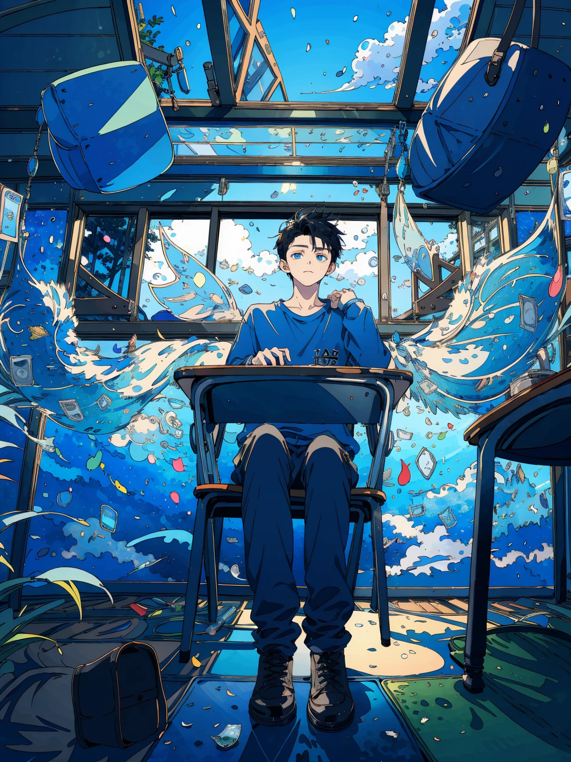 (masterpiece:1.2), best quality,PIXIV,fairy tale style, 18 years old, boy, black hair, blue eyes, indifferent, window, sitting inside of an classroom,


