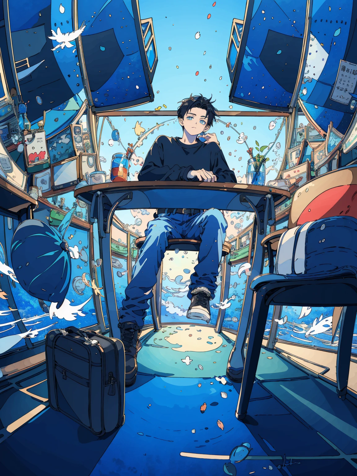 (masterpiece:1.2), best quality,PIXIV,fairy tale style, 18 years old, boy, black hair, blue eyes, indifferent, window, sitting inside of an classroom,


