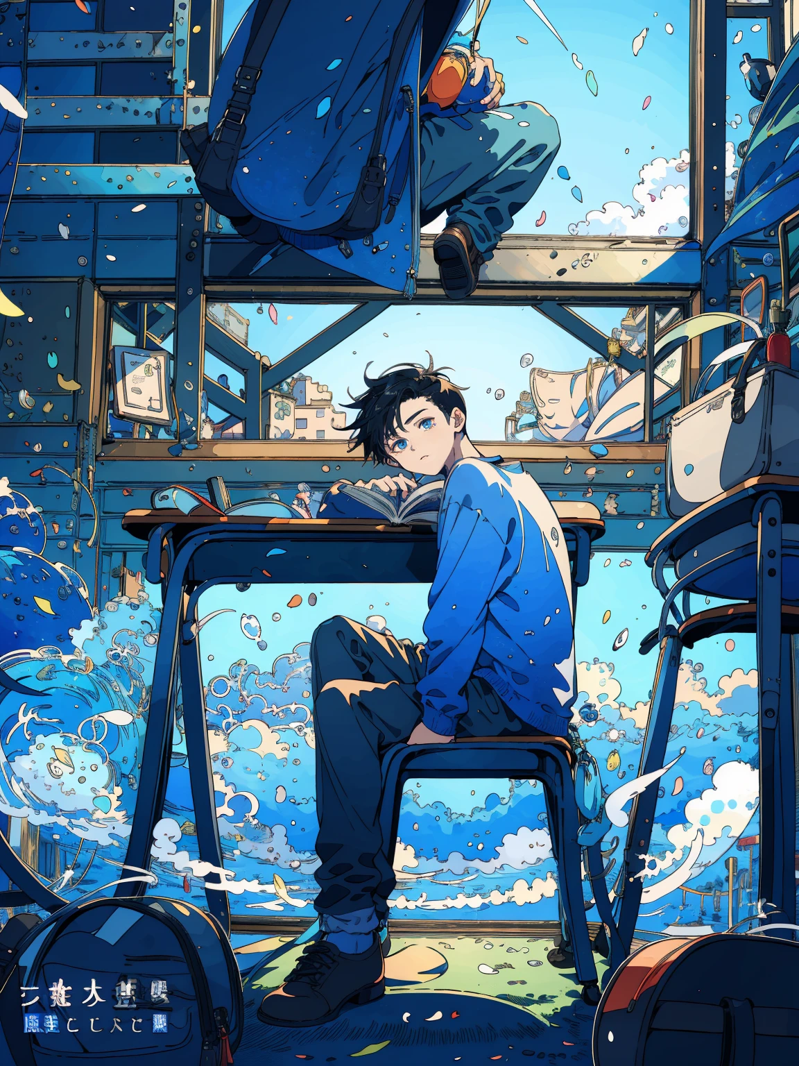 (masterpiece:1.2), best quality,PIXIV,fairy tale style, 18 years old, boy, black hair, blue eyes, indifferent, window, sitting inside of an classroom,


