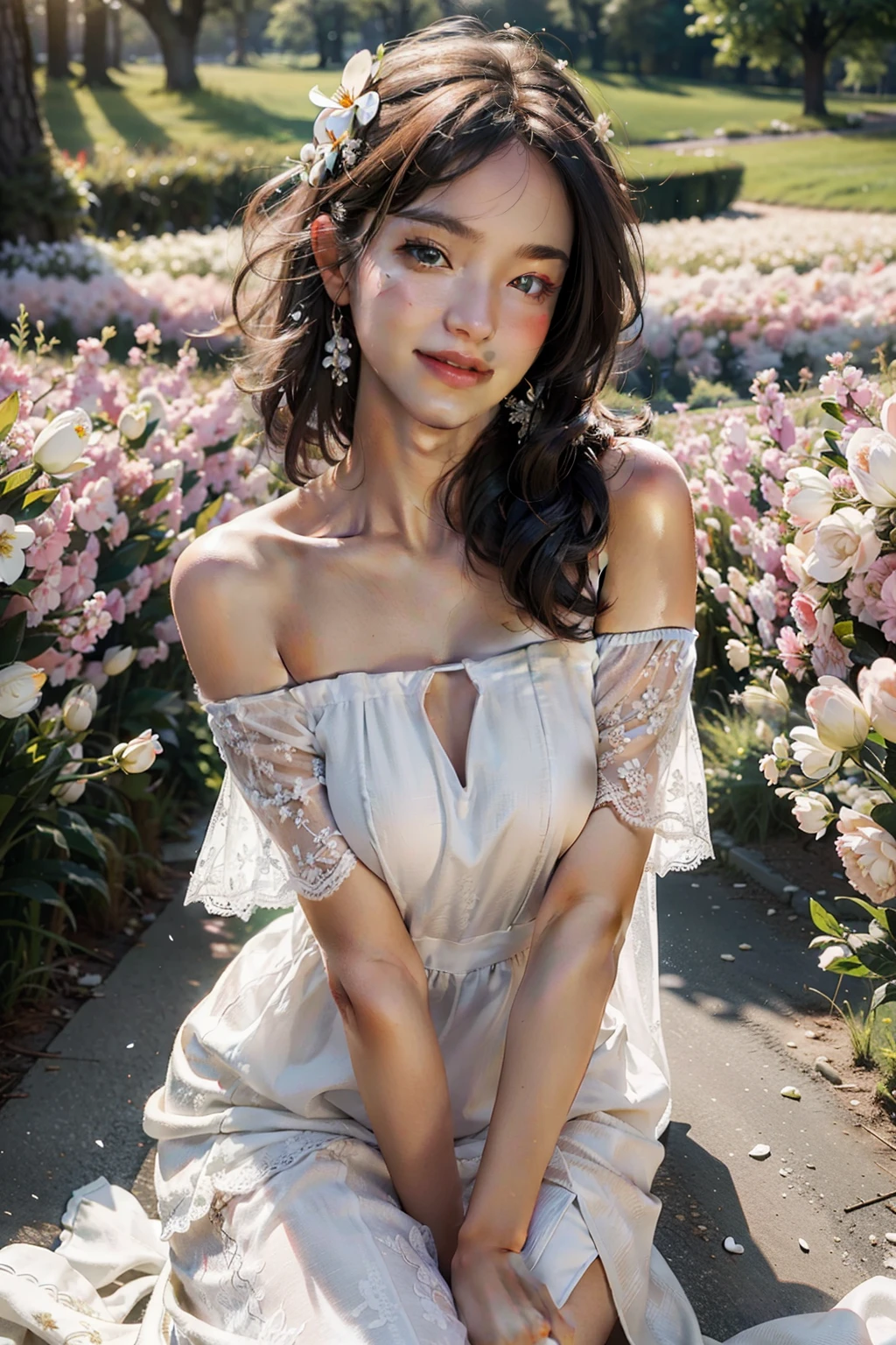Best quality, masterpiece, ultra high res, (photorealistic:1.4), raw photo, 1girl, white dress, off shoulder, blossom flower field, glowing skin, light smile