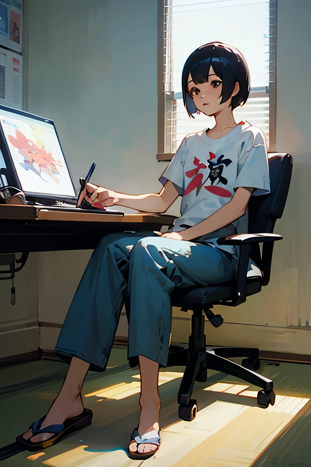 figure, japanese manga, woman, Esports, foot pedal, office ,T-shirt, long pants, sitting in a chair, short hair, high quality, ,not photorealistic,