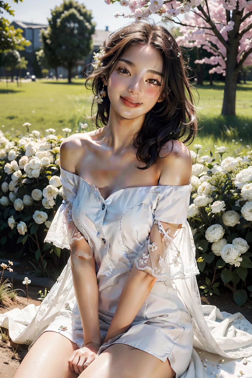 Best quality, masterpiece, ultra high res, (photorealistic:1.4), raw photo, 1girl, white dress, off shoulder, blossom flower field, glowing skin, light smile