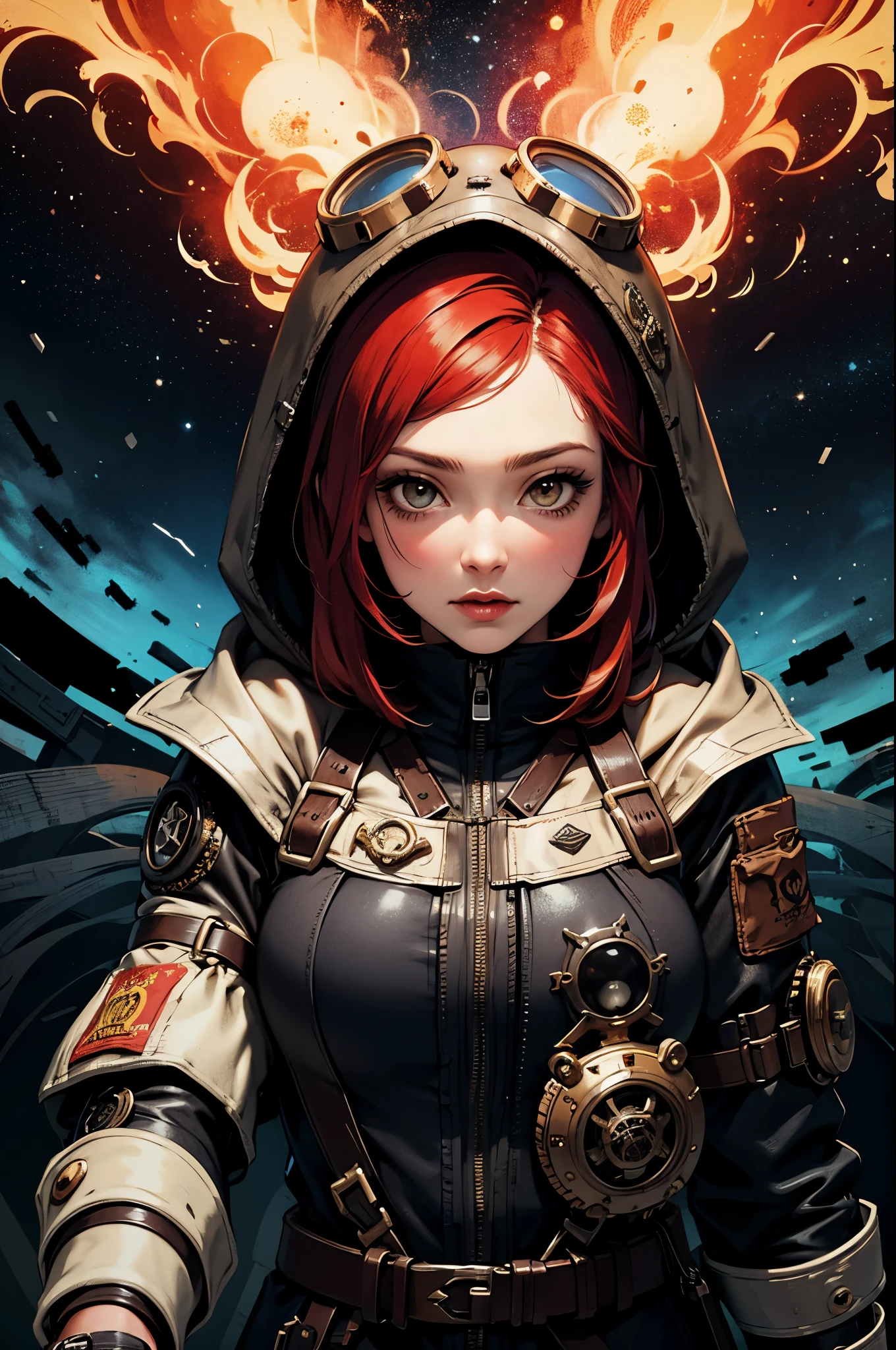 1girl,(red_hair, post apocalyptic, steampunk, hooded steampunk tactical gear and goggles:1.1),(zentangle, mandala, tangle, entangle:0.6),(fractal, atmospheric, psychedelic, aesthetic,,cosmic, colorful, dreamlike art),the most beautiful form of chaos,brutalist designed, metal fragments and debris blowing in the wind