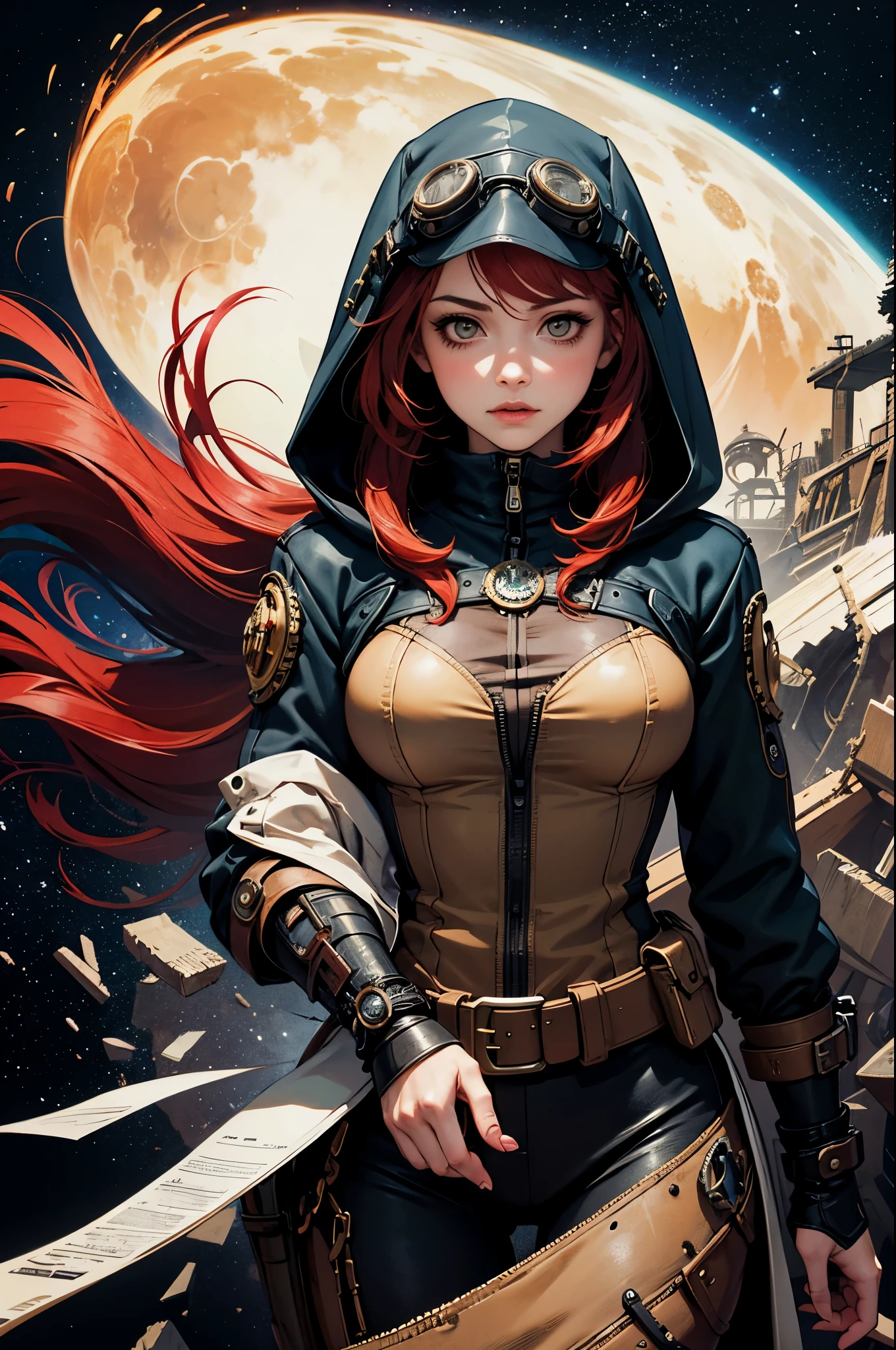 1girl,(red_hair, post apocalyptic, steampunk, hooded steampunk tactical gear and goggles:1.1),(zentangle, mandala, tangle, entangle:0.6),(fractal, atmospheric, psychedelic, aesthetic,,cosmic, colorful, dreamlike art),the most beautiful form of chaos,brutalist designed, metal fragments and debris blowing in the wind