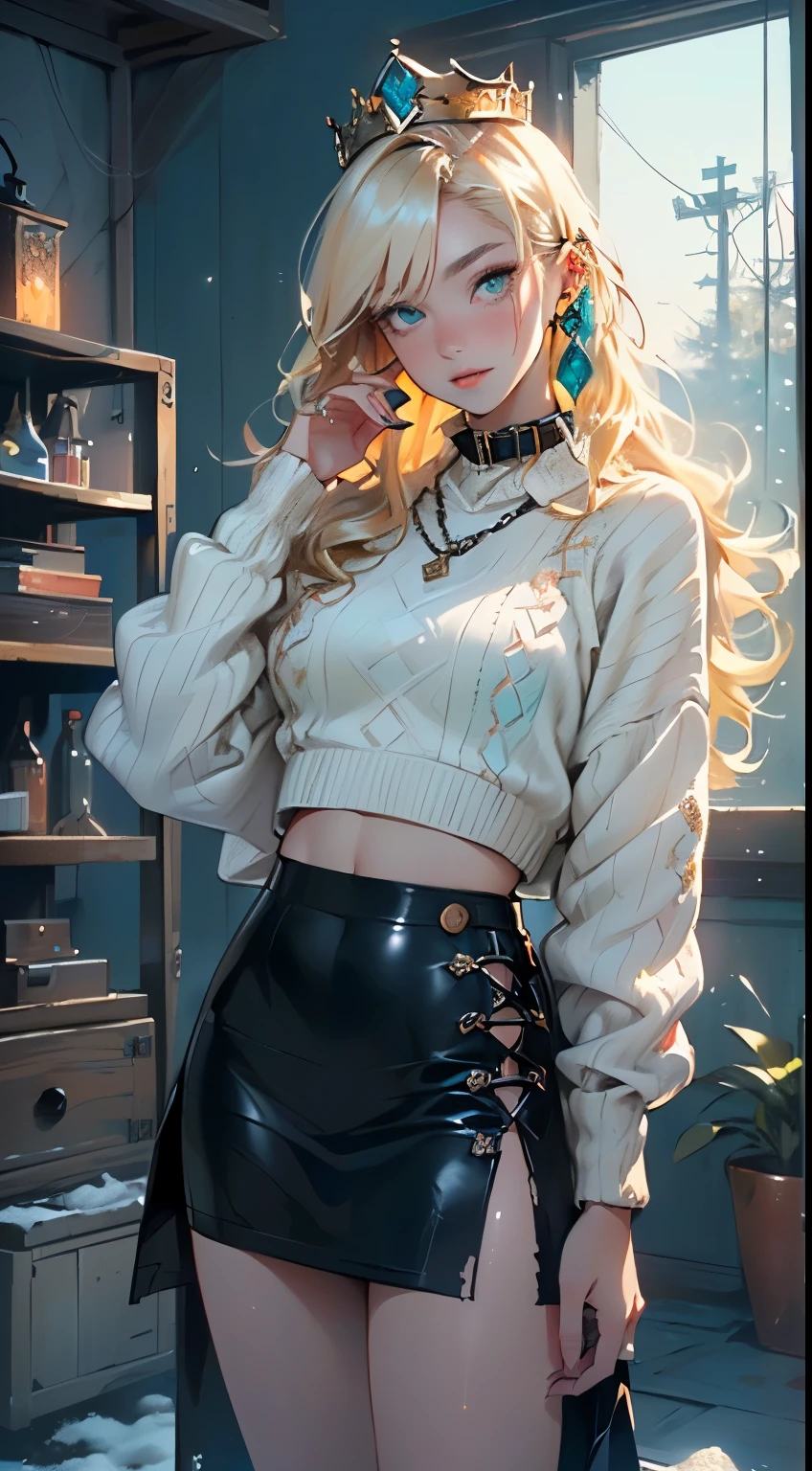 ,((((blond:1.35,messy hair,Colored inner hair,蓬乱的long hair,,very long hair,thick hair,thick hair,thick hair,long hair)))),(((turquoise_Eye:1.3))),complex Eye,beautiful detailed Eye,symmetrical Eye,big Eye:1.5,(((shiny skin:1.5,bright skin: 1.5,The skin is tanned,shiny skin,very shiny skin,shining body,plastic glitter skin,exaggerated shiny skin,glowing skin))),(detailed body,(Detailed face)),
navel,(((modern princess,crown,white sweater, sweater outfit, wearing a sweater:1.3,Winter sweater))), ((skirt)),(Arabic clothes,with small gold clothing,((((raw edge clothes)))),(Arabian jewelry,complex necklace),(((collar,A long chain leather strap connected to her collar,manacles))),(((torn clothes:1.1,complex outfit,complex clothes,embroidered clothing,gorgeous costumes))),
in,indoor,((dark room of a gothic dungeon with manacles and chains.)),landscape:1.25,((complex landscape)),((winter decorations)),Christmas tree,
(有光泽的winter decorations),high resolution,sharp focus,(Super detailed,Very detailed),(realistic artwork:1.37),(Very detailed CG unity 8k wallpaper),(((bright colors,Vibrant theme))),(complex),(masterpiece),(best quality),