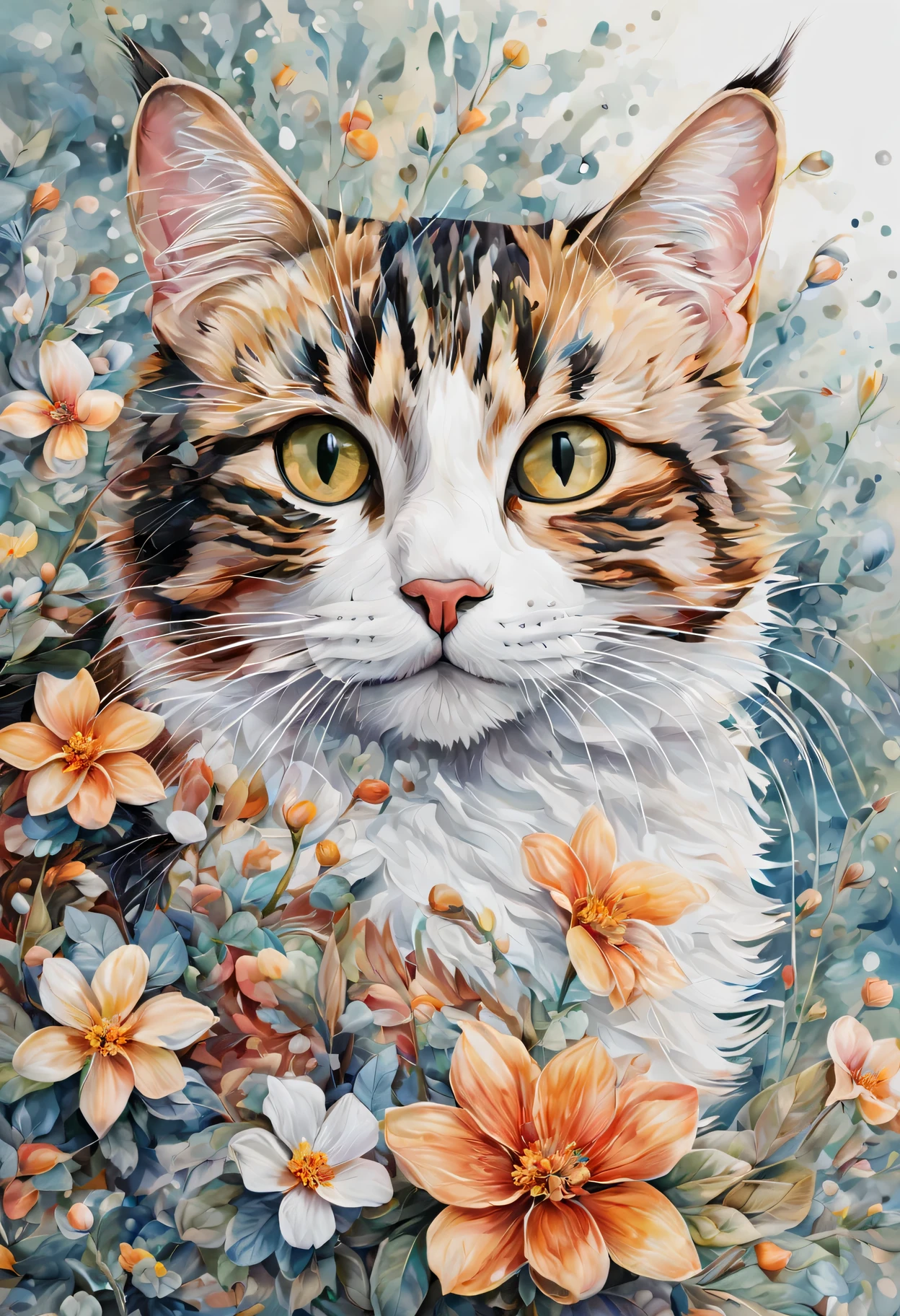 (highest quality,4K,8K,High resolution,masterpiece:1.2),Super detailed,(realistic,photorealistic,photo-realistic:1.37),Zentangle Calico フォーカス,Calico、tangled lines,Detailed cat eyes,Watercolor Techniques,Blend Color,organic pattern,Vivid and rich colors,Subtle shading,high contrast,meticulous attention to detail,delicate brushstrokes,柔らかくflowingような動き,colorful and intricate design,harmonious composition,isolated flowers on blank canvas,Gentle water droplets floating on the petals,Textured and layered brushwork,bright translucent effect,Calm and peaceful atmosphere,Motifs inspired by nature,See floral elements up close,Lively and expressive strokes,artistic exploration and creativity,Inspired by Zen philosophy,flowing、interconnected lines,repeating patterns and rhythms,meditative and calming energy,A harmonious balance of freedom and control,Dimensions of beauty and tranquility,Ephemeral and ephemeral beauty,epitome of nature&#39;wonder of.