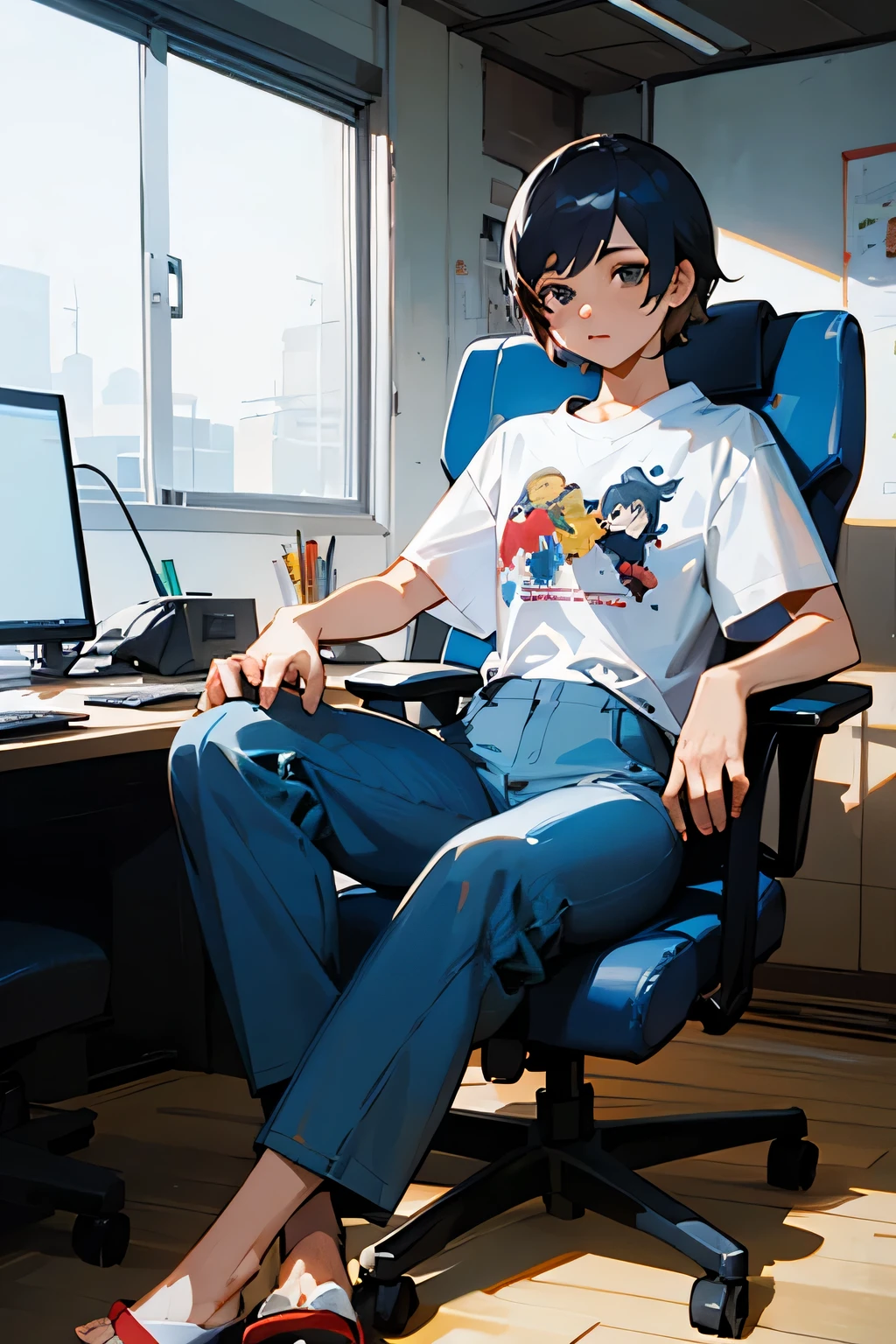 figure, japanese manga, woman, Esports, foot pedal, office ,T-shirt, long pants, sitting in a chair, short hair, high quality, ,not photorealistic,