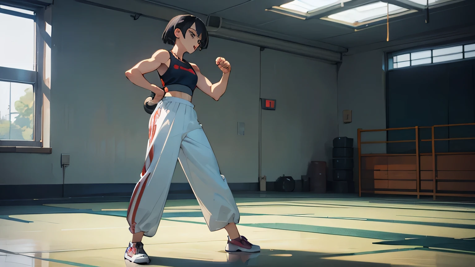 japanese manga, woman, sporty, long pants with skirt, Standing position, short hair, high quality, training wear, Fitness Training, in a small circle , not photorealistic,