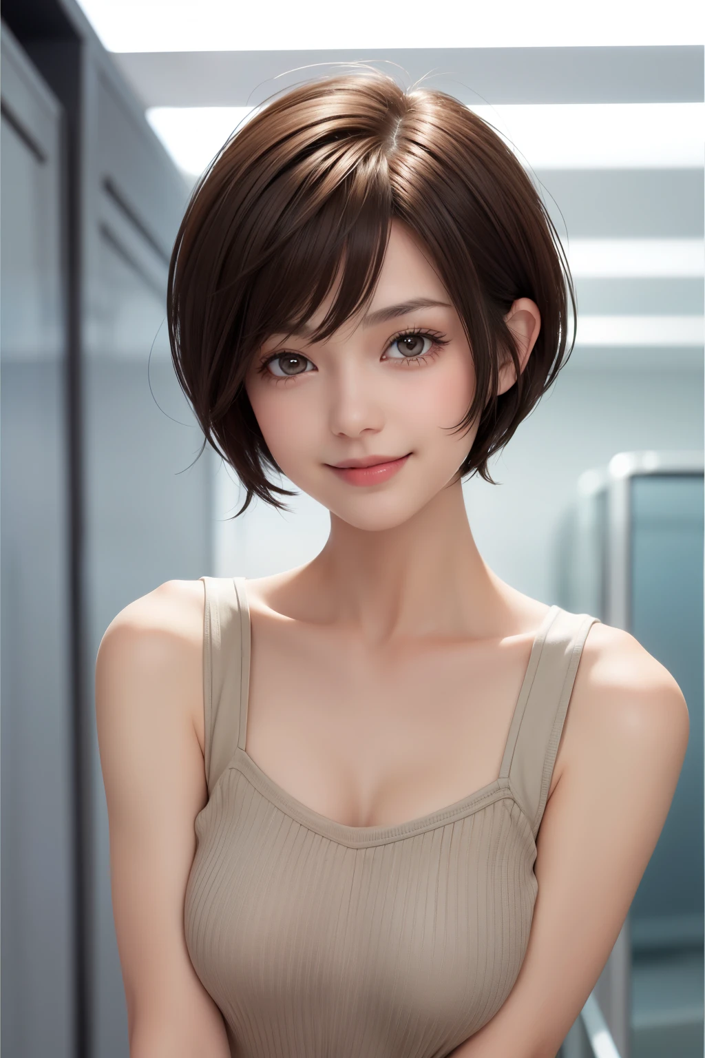 Pixie cut Very, very short hair Uneven hair tips Smile Brown hair Very short hair