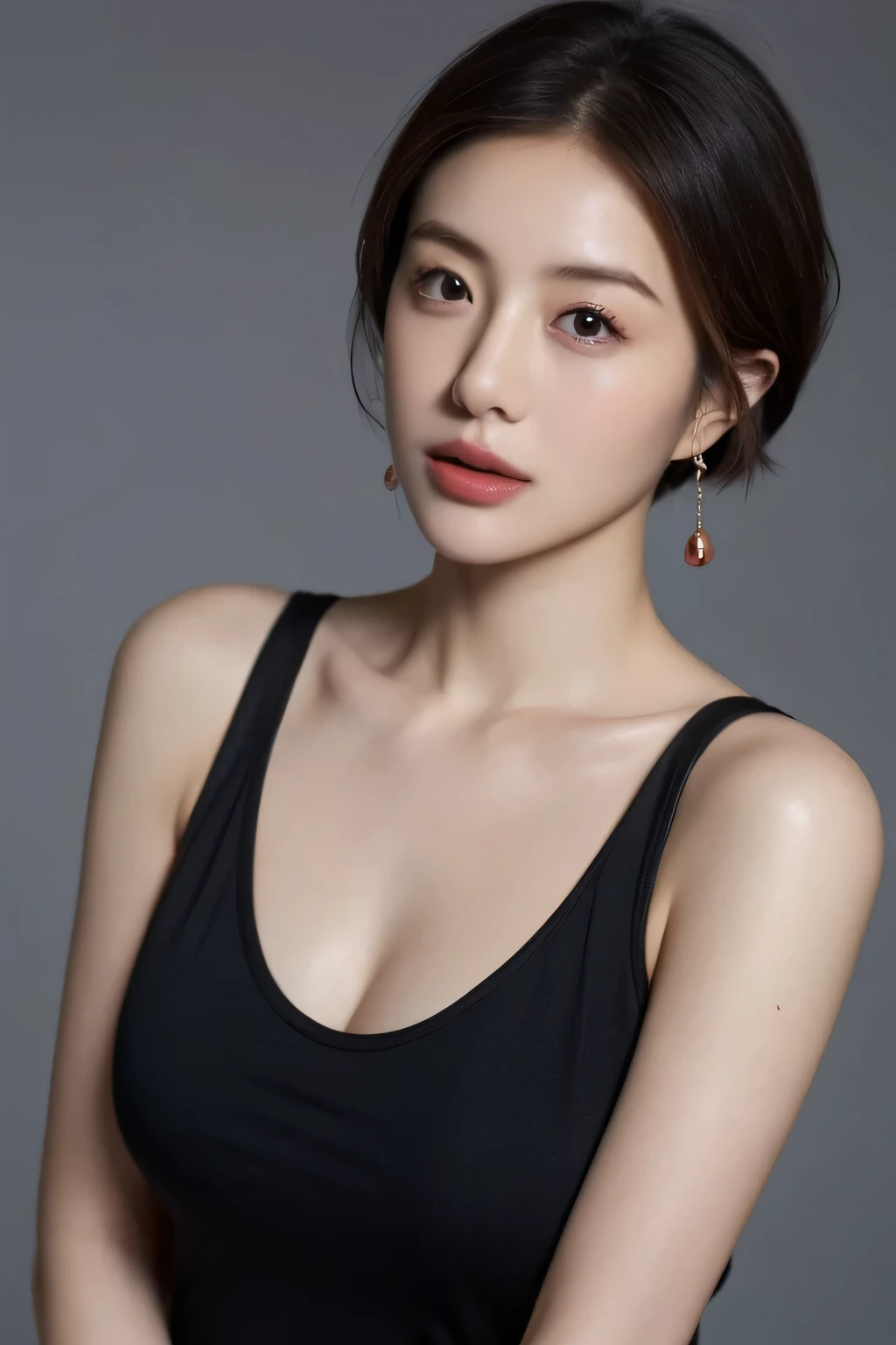 (highest quality,8K,masterpiece),studio photography,
Very beautiful Japan models,fine skin,realistic skin, lip gloss,rouge,proudly,
very short hair,pixie cut,
big earrings,swimsuit,
big breasts,
big breasts,
gray background