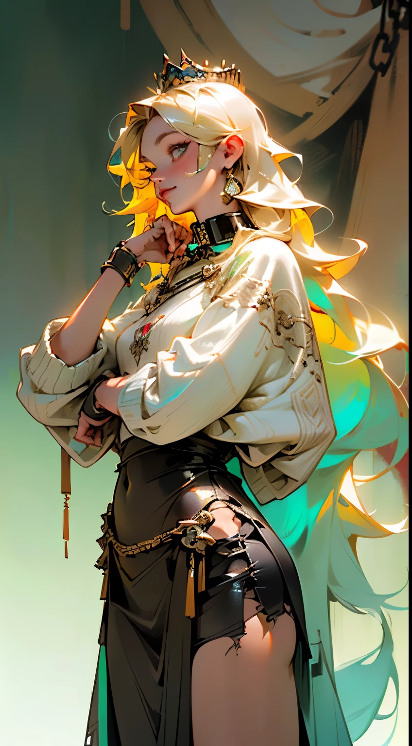 ,((((blond:1.35,messy hair,Colored inner hair,蓬乱的long hair,,very long hair,thick hair,thick hair,thick hair,long hair)))),(((turquoise_Eye:1.3))),complex Eye,beautiful detailed Eye,symmetrical Eye,big Eye:1.5,(((shiny skin:1.5,bright skin: 1.5,The skin is tanned,shiny skin,very shiny skin,shining body,plastic glitter skin,exaggerated shiny skin,glowing skin))),(detailed body,(Detailed face)),
navel,(((modern princess,crown,white sweater, sweater outfit, wearing a sweater:1.3,Winter sweater))), ((skirt)),(Arabic clothes,with small gold clothing,((((raw edge clothes)))),(Arabian jewelry,complex necklace),(((collar,A long chain leather strap connected to her collar,manacles))),(((torn clothes:1.1,complex outfit,complex clothes,embroidered clothing,gorgeous costumes))),
in,indoor,((dark room of a gothic dungeon with manacles and chains.)),landscape:1.25,((complex landscape)),((winter decorations)),Christmas tree,Big ,Leakage from the chest,
(有光泽的winter decorations),high resolution,sharp focus,(Super detailed,Very detailed),(realistic artwork:1.37),(Very detailed CG unity 8k wallpaper),(((bright colors,Vibrant theme))),(complex),(masterpiece),(best quality),