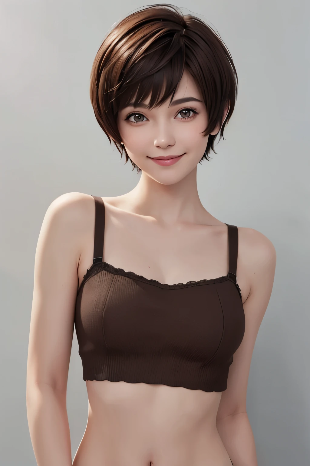 Pixie cut, very, very short hair, uneven tips, smile, brown hair 