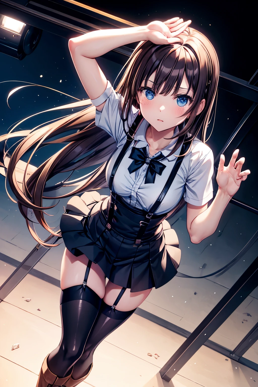 brown hair、looking at the viewer　　suspenders　　　Bulging big breasts　　 　 　　　　Black miniskirt　garter belt　knee high socks　　　　　　Gaze　　　small face　bangs 　　　　　Beauty　　hands up　　 　Gaze 　black boots 　provocation　　armpit sweat　one person 　　put your hands behind your back　cutter shirt　　Panty shot　ginka 
