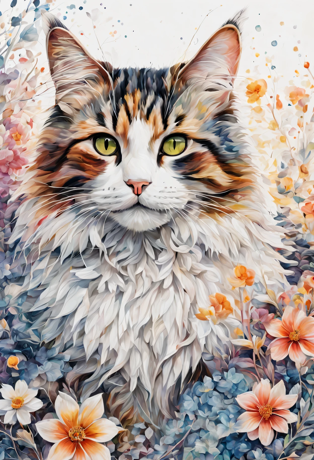 (highest quality,4K,8K,High resolution,masterpiece:1.2),Super detailed,(realistic,photorealistic,photo-realistic:1.37),Zentangle Calico フォーカス,Calico、tangled lines,Detailed cat eyes,Watercolor Techniques,Blend Color,organic pattern,Vivid and rich colors,Subtle shading,high contrast,meticulous attention to detail,delicate brushstrokes,柔らかくflowingような動き,colorful and intricate design,harmonious composition,isolated flowers on blank canvas,Gentle water droplets floating on the petals,Textured and layered brushwork,bright translucent effect,Calm and peaceful atmosphere,Motifs inspired by nature,See floral elements up close,Lively and expressive strokes,artistic exploration and creativity,Inspired by Zen philosophy,flowing、interconnected lines,repeating patterns and rhythms,meditative and calming energy,A harmonious balance of freedom and control,Dimensions of beauty and tranquility,Ephemeral and ephemeral beauty,epitome of nature&#39;wonder of.