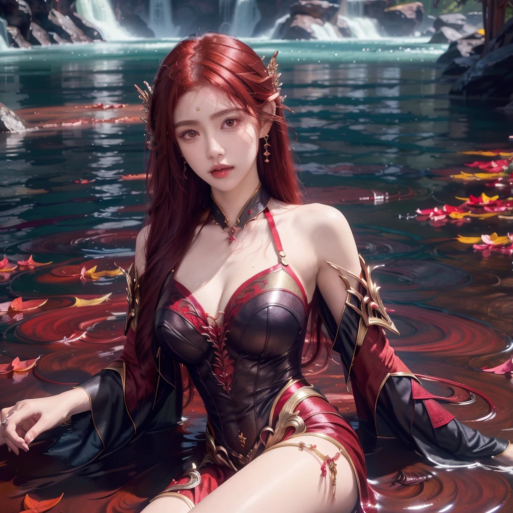 Masterpiece, best quality, absurdres, fine detail, HDR, highly detailed face and eyes, photorealistic, (8k, best quality, masterpiece:1.2), ultra-detailed, extremely detailed cg 8k wallpaper,fashion, (crystalstexture skin:1.2), (extremely delicate and beautiful), (masterpiece, best quality:1.5),1girl, solo, narrow waist, wide hips, large breasts,long hair, (Red hair:1.2), Yaoye,(looking at viewer:1.2), natural lighting, sexy, fantasy, dreamlike, unreal, science fiction, absurdly long hair, very long hair, (rich:1.4), detail, delicate pattern, charming, alluring, seductive, erotic, enchanting, hair ornament, outdoors,
