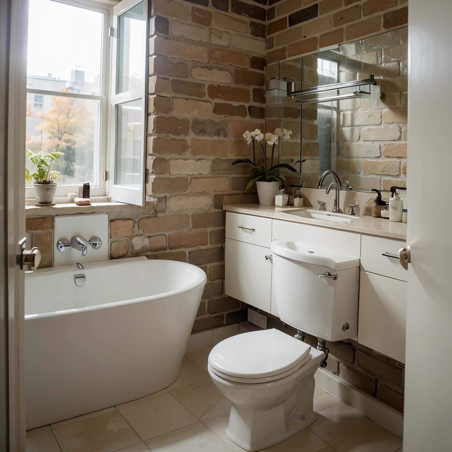 bathroom with 1 toilet, 1 washbasin and 1 bathtub, wall made of old 19th century brick, radiator on the wall, cabinet suspended under the mirror, lamp hanging on the cable, plant and decorative elements, modern bathroom, clean design, premium bathroom design, modern look, various views from different sides