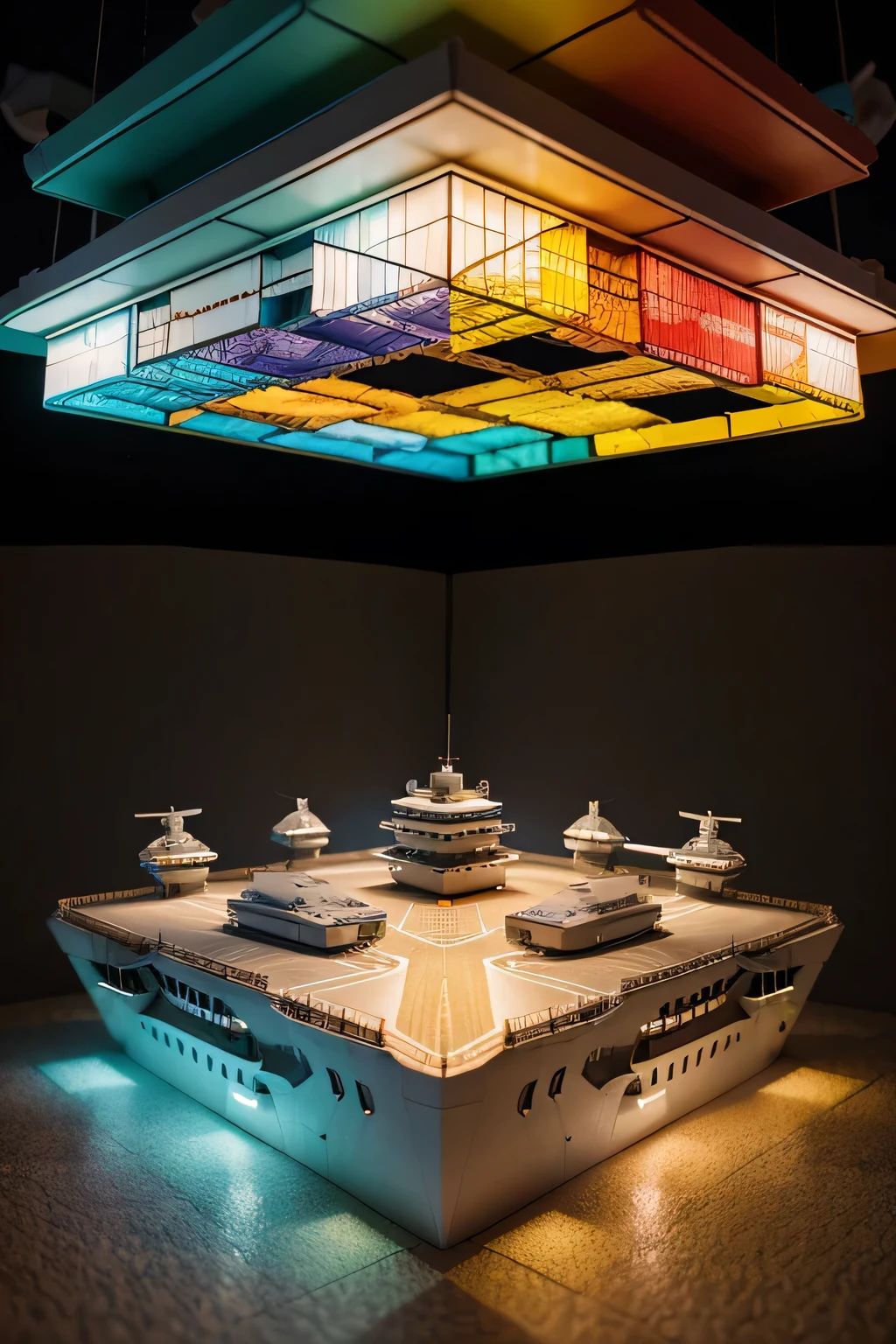 Abstract art paper art origami diorama, isometric diorama of a surreal a Aircraft carrier, colorful, overlooking the colorful lighting world