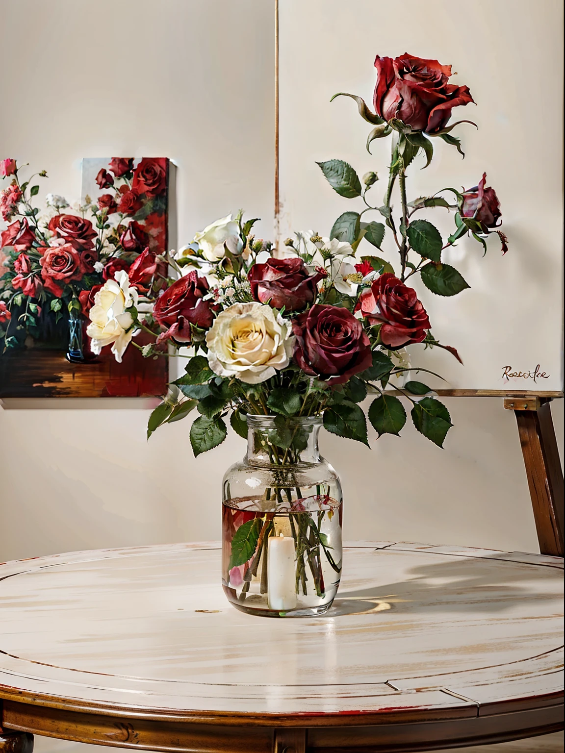 create a painting canvas with five real flowers red and three roses white ,table wood, background white and red , realistic , high definition, beautiful composition, painting, more details , accurate details,