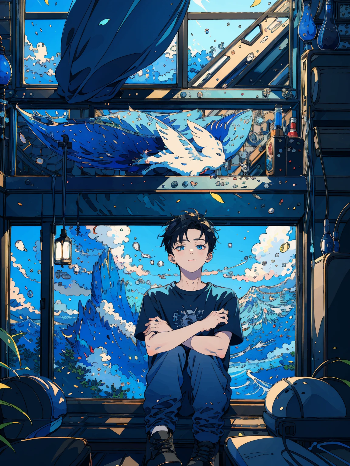 (masterpiece:1.2), best quality,PIXIV,fairy tale style, 18 years old, boy, black hair, blue eyes, indifferent, window, sitting


