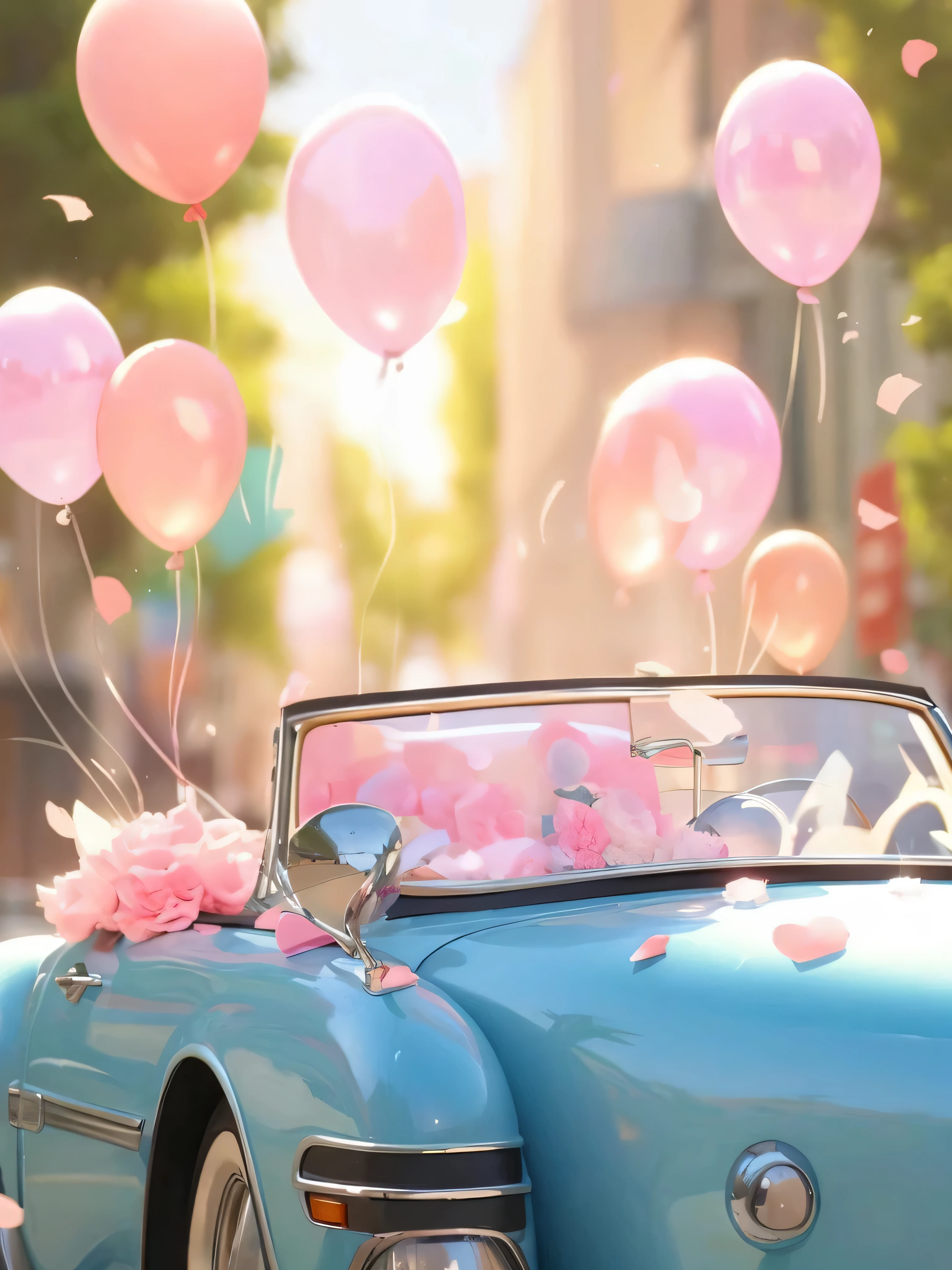 balloon从一辆蓝色的汽车里飞到空中, Unreal Engine ; romantic theme, balloon, pink and blue, blue and pink, Lovely numbers, Art Nouveau octane rendering, pink petals flying, V-rays, Beautiful octane rendering, Cinema 4d rendering, Beautiful digital artwork, author：Marie Bashkirtsev, beautiful vray, Whimsical and cute