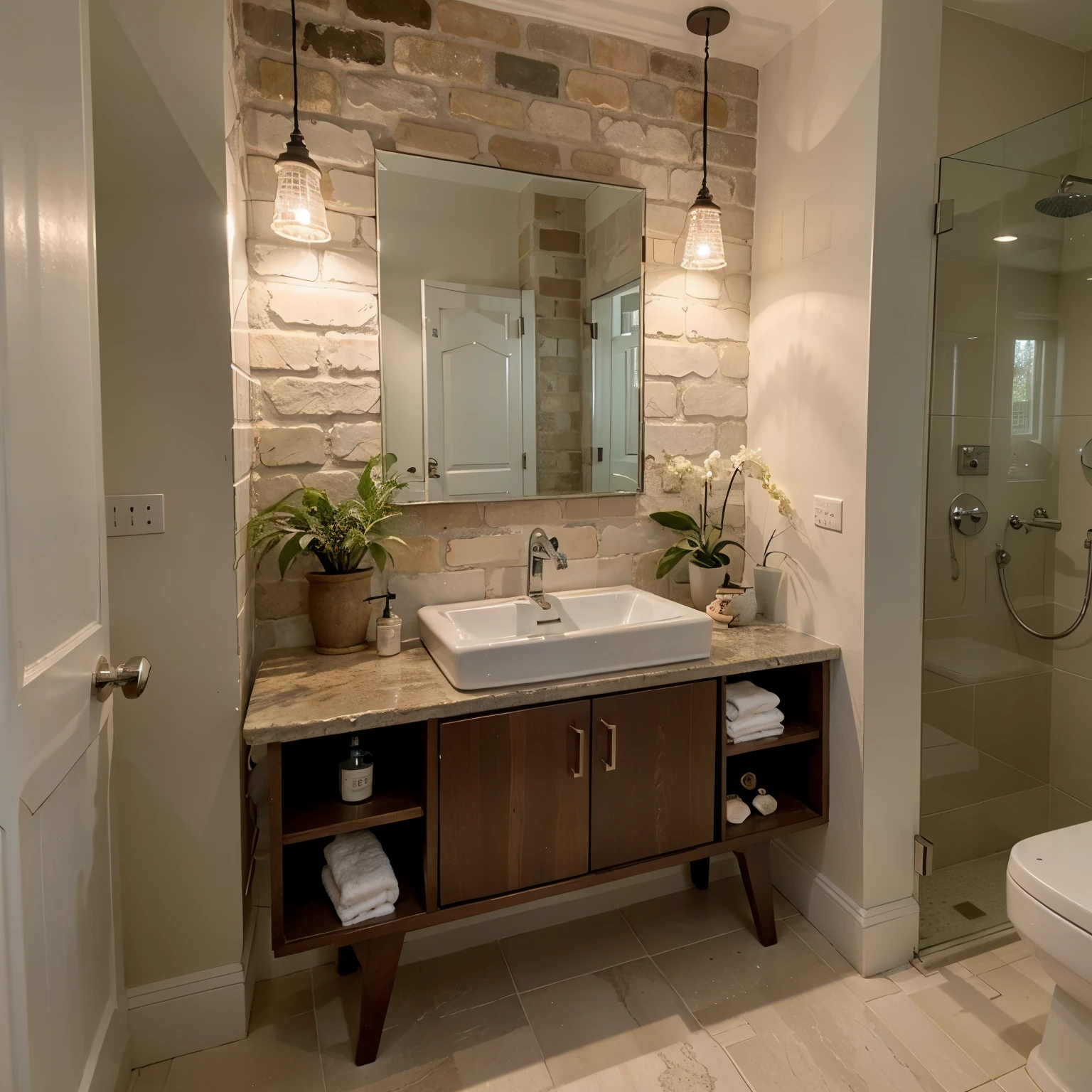 bathroom with 1 toilet, 1 washbasin and 1 bathtub, wall made of old 19th century brick, radiator on the wall, cabinet suspended under the mirror, lamp hanging on the cable, plant and decorative elements, modern bathroom, clean design, premium bathroom design, modern look, various views from different sides