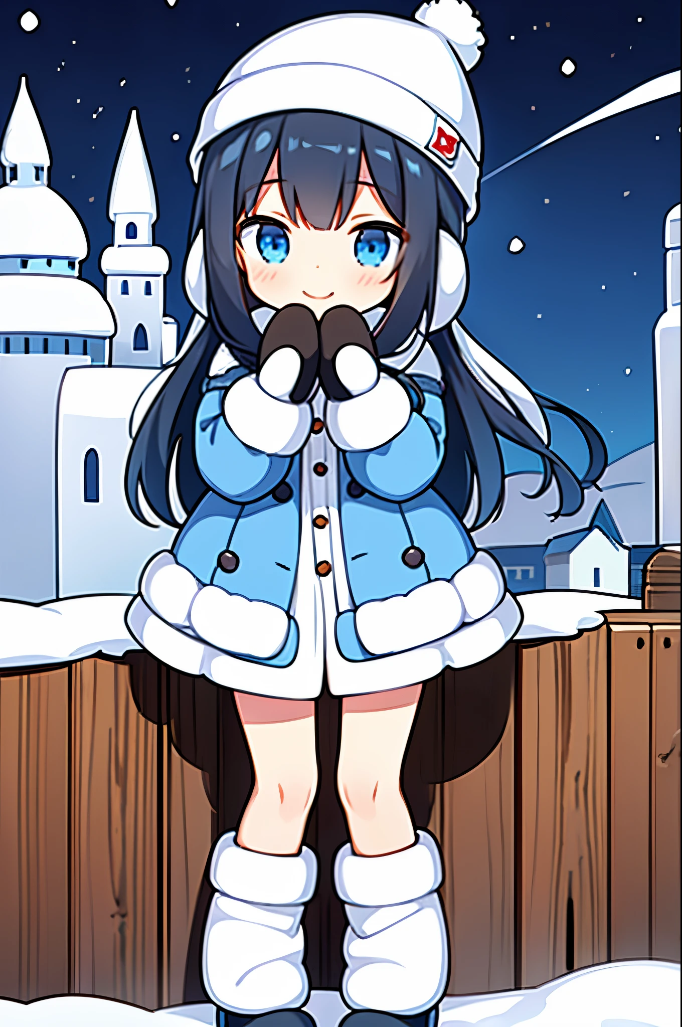 Chibi girl taking a commemorative photo with a large snow castle in the background at the snow festival venue、knit hat、Cute boots、woolen gloves、smile、cute pose