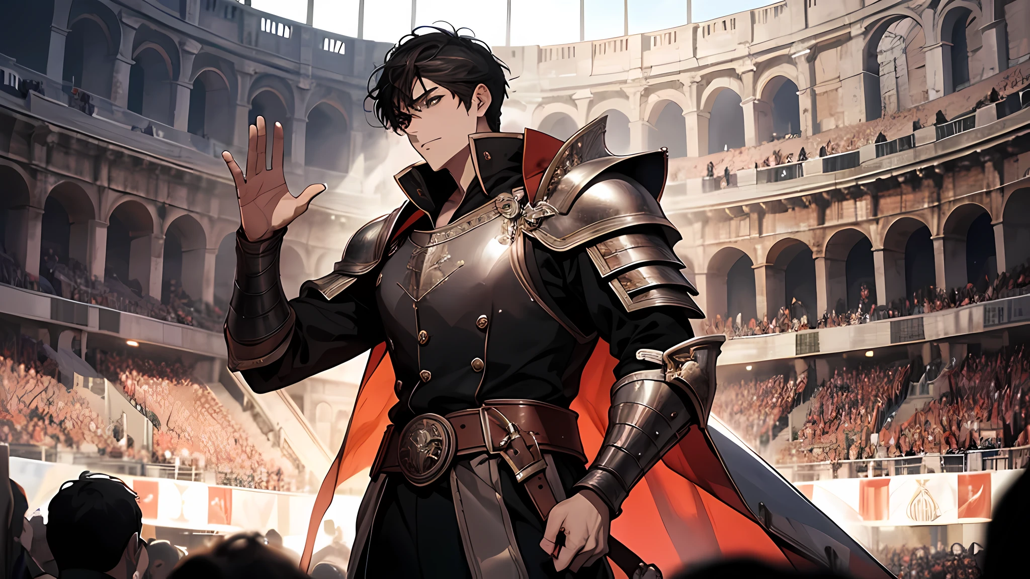 picture, ancient Colosseum, in the center of the round arena a strong man waving hands, Winning the fight, the man has black short curly hair in his hand a sword, armor, there are many people around the arena, shouting, waving their hands, scarlet, metallic gray, drama, close-up center of the arena, While the winner was being bathed in the passionate and boisterous cheers