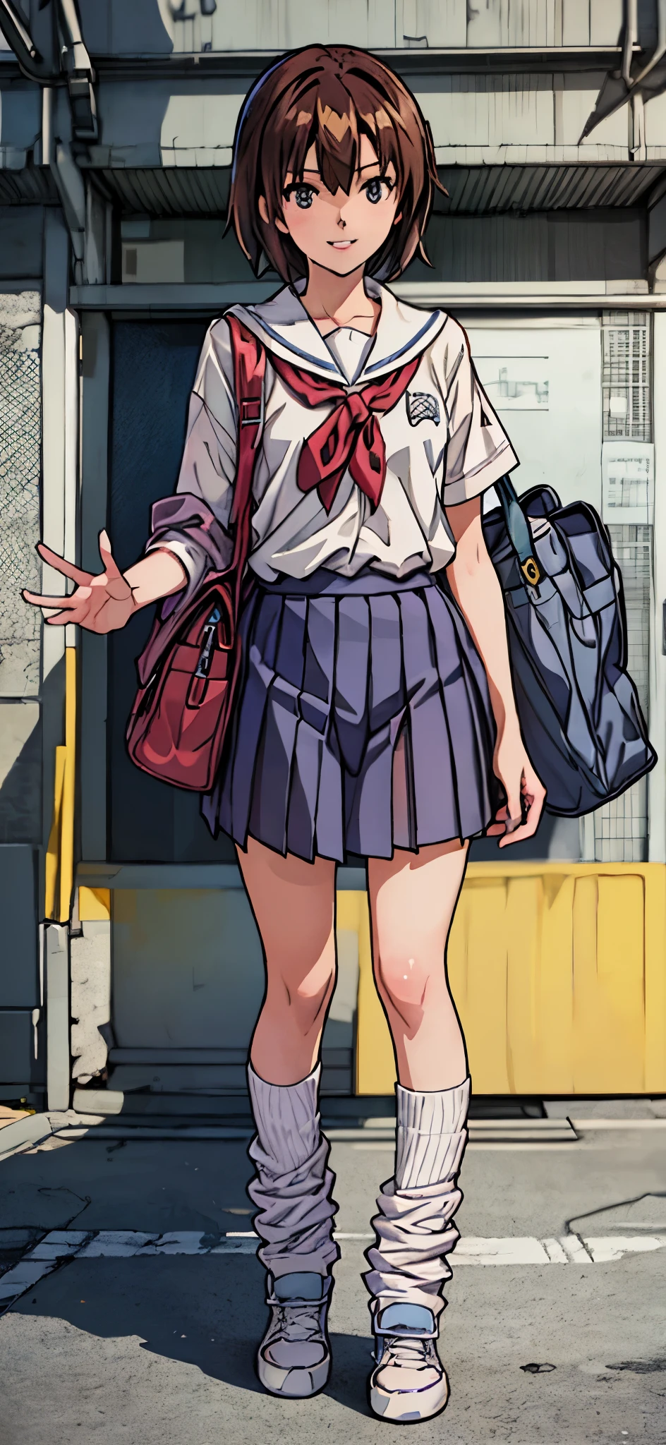 (highest quality,4K,8K,High resolution,table top:1.2), super detailed, (realistic,photorealistic,photo-realistic:1.37),((full body)),((very-Short-hair girl)), (grin and laugh),((waving)),She wears a  high-school uniform, white-loose-socks,black-sneakers,having school-shoulder-bag,beautiful and fine eyes, beautiful detailed lips, highly detailed eyes and face, long eyelashes, realistic anime 3D style, Smooth anime CG art, Digital rendering by Makoto Shinkai, Moe anime art style, photorealistic rendering of an anime girl, Shinkai Makoto style, Cute anime girl visuals, realistic young anime girl, girl fan art, Created by Anime Artist&#39;studio of.
