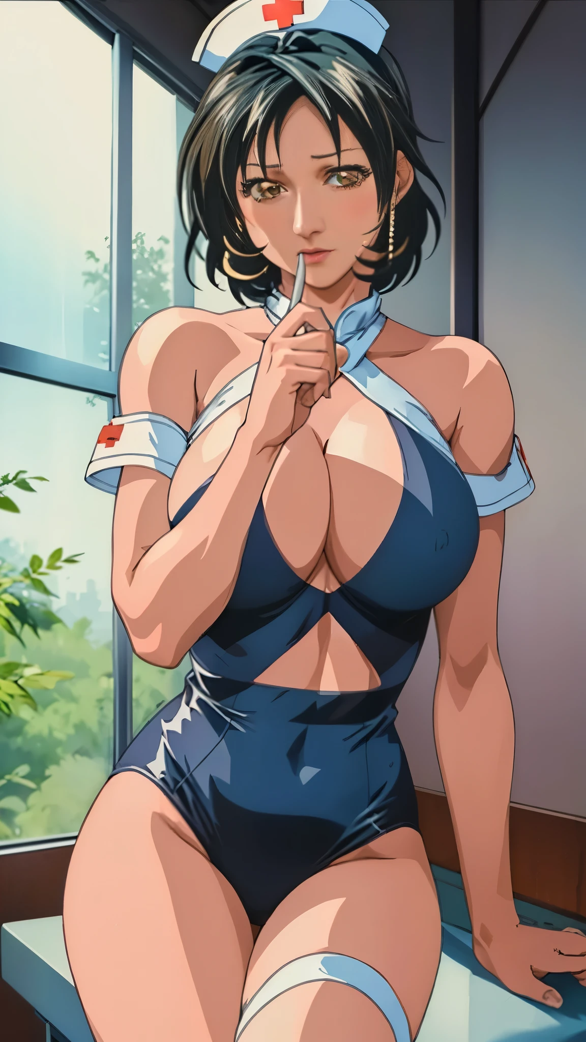 ((masutepiece, Best Quality, hight resolution,high detailed,super fine illustration)), 1 women, Single, Solo, Beautiful anime women, Beautiful Art Style,animated character,from below,smile,((extra short hair,pixie cut, Dark blue hair,brown eyes, rounded eyes,close mouth)), ((large full breasts, cleavage)), Perfect body, nurse((pink nurse dress,nurse cap,))fashionnable,