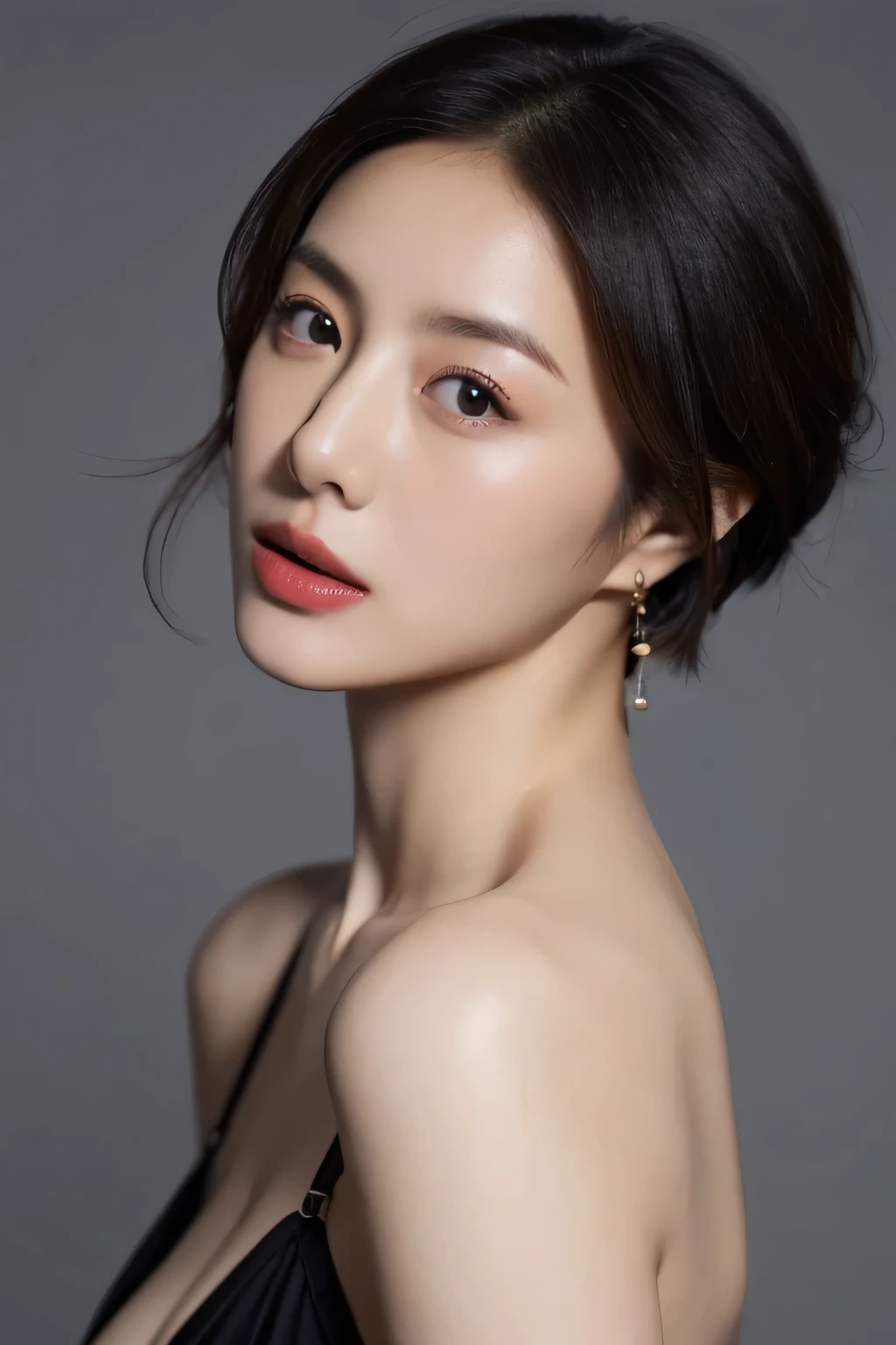 (highest quality,8K,masterpiece),studio photography,
Very beautiful Japanese model pose,fine skin,realistic skin, lip gloss,rouge,proudly,
very short hair,pixie cut,
big earrings,swimsuit,
big breasts,
big breasts,
gray background